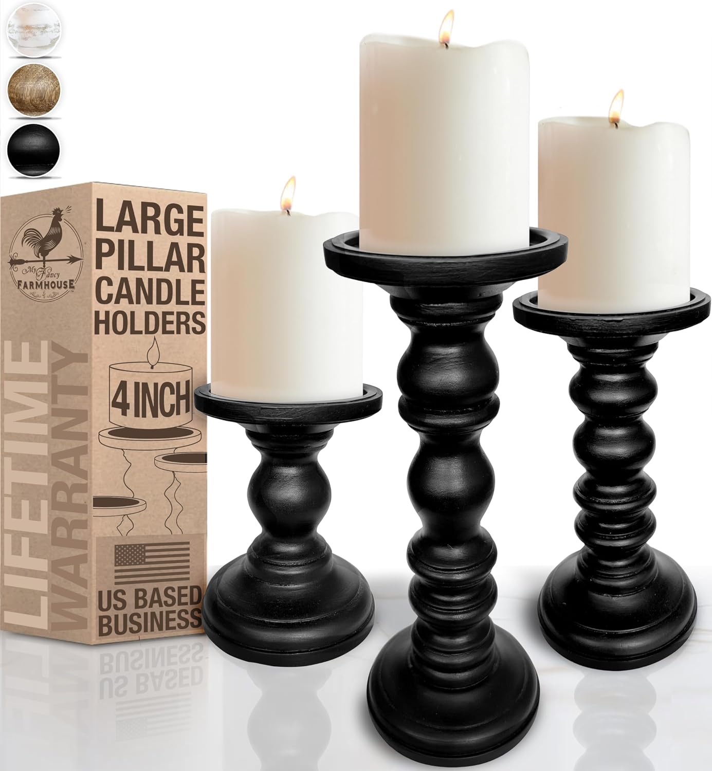 Satin Black Candle Holders for Pillar Candles (Set of 3) Tall Large Rustic Pillar Candlestick Stands - Fits Both 4 inch