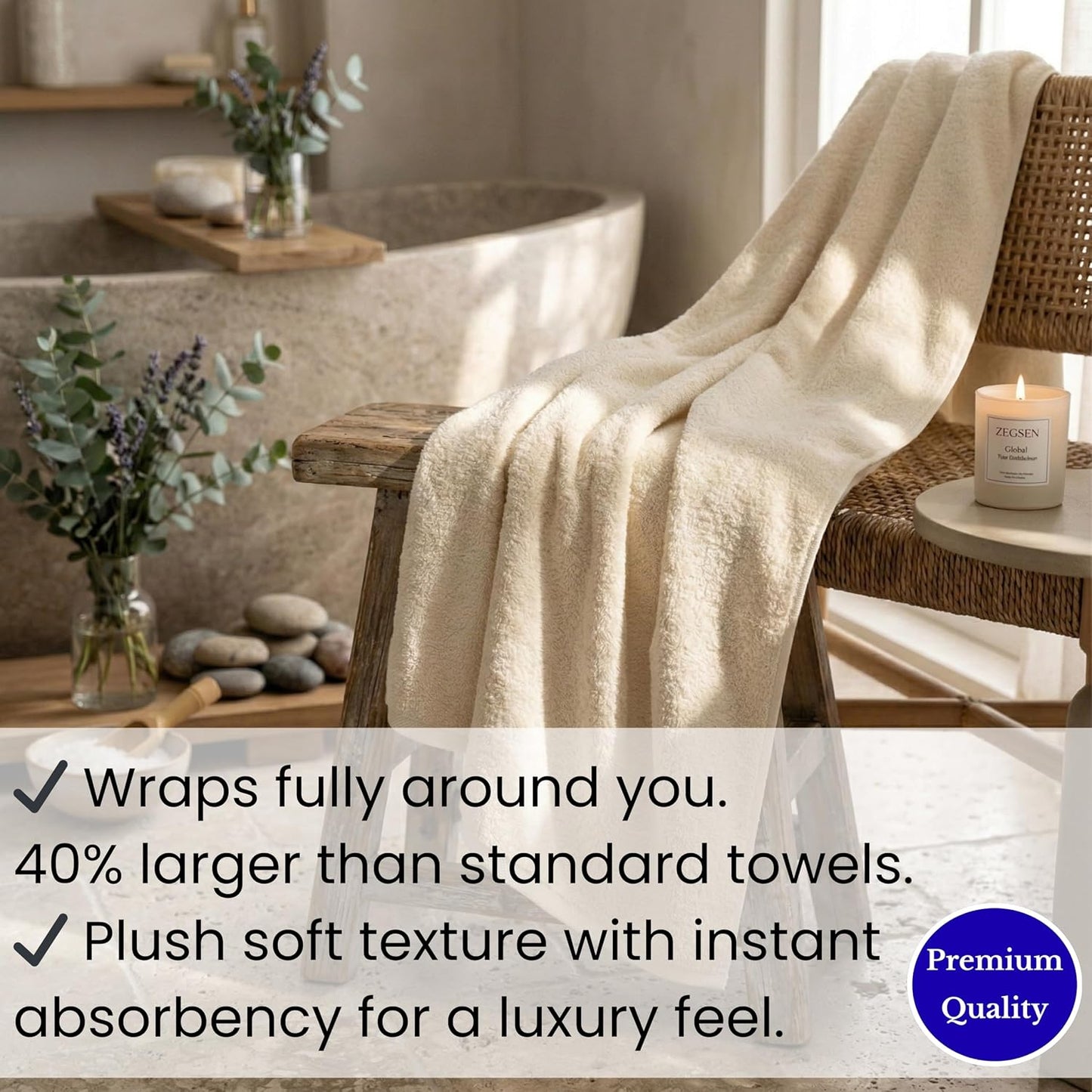 SALBAKOS Luxury 100% Turkish Cotton Bath Sheet 40x80 in (1-Piece, Ivory) | Extra Large Jumbo Oversized Bathroom and