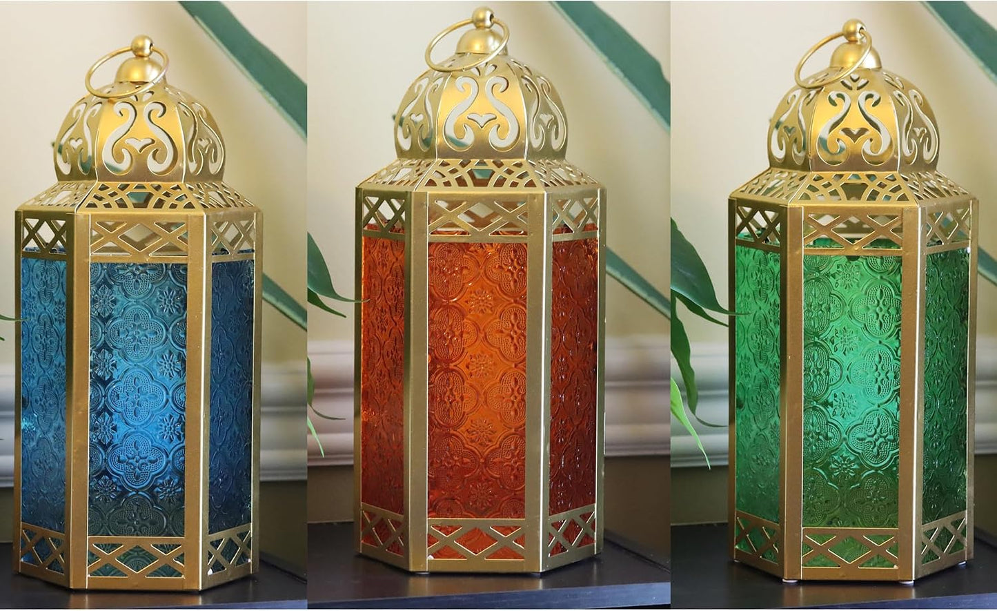 VELA LANTERNS 12" Gold Metal Moroccan Decorative Candle Lantern Holder for Hanging or Table Centerpieces, Exotic Indoor