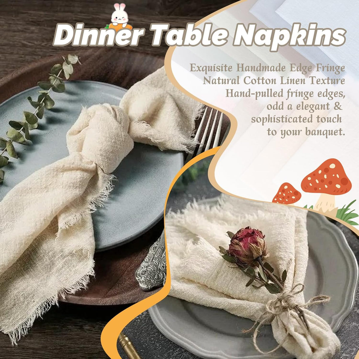 Showgeous 60 Pack Natural Cloth Napkins with Fringe, 16x16 inch 100% Cotton | Cloth Napkins Handmade Dinner Napkins