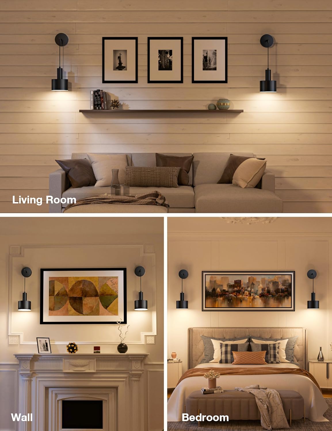 Battery Operated Wall Sconce Set of 2, Black Wireless Rechargeable Wall Lights with 5200mAh Dimmable Detachable Bulbs