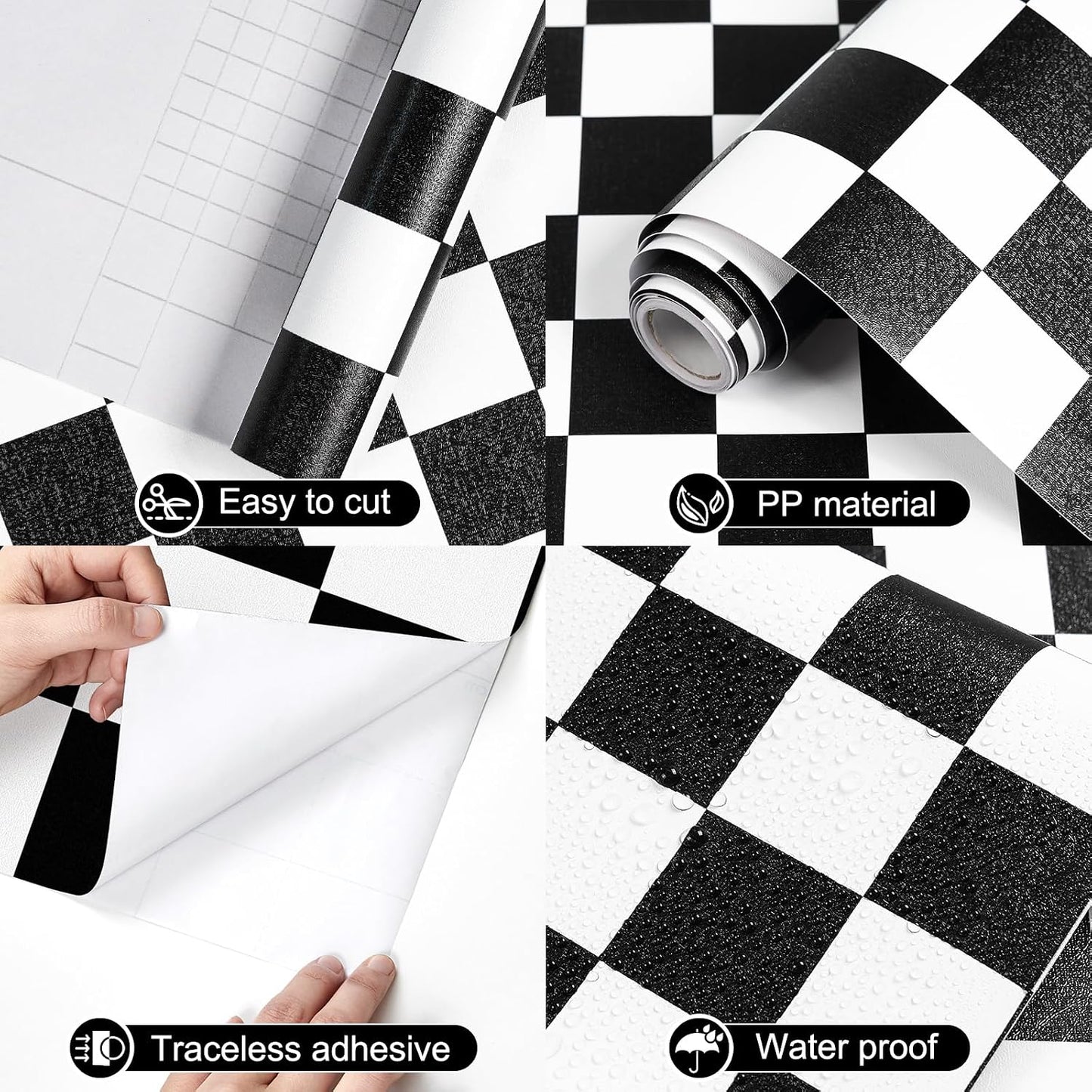 White Checkered Flag Contact Paper Checkerboard Peel / 17.3 x 480 / Checker / Black / Set of 17