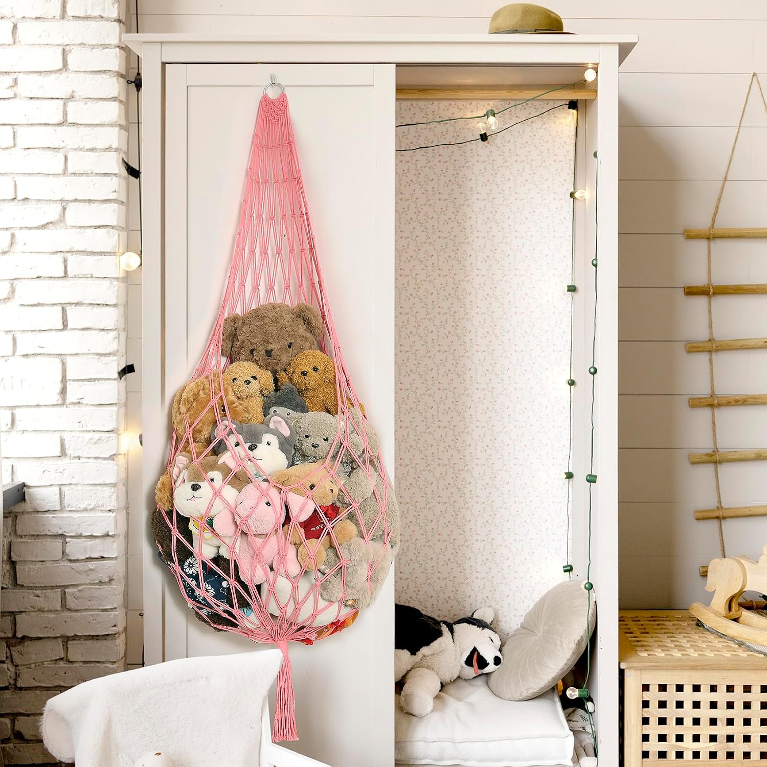 Stuffed Animal Net or Hammock Corner Hanging Net for Stuffy Animal Storage Macrame Toy / Pink / L