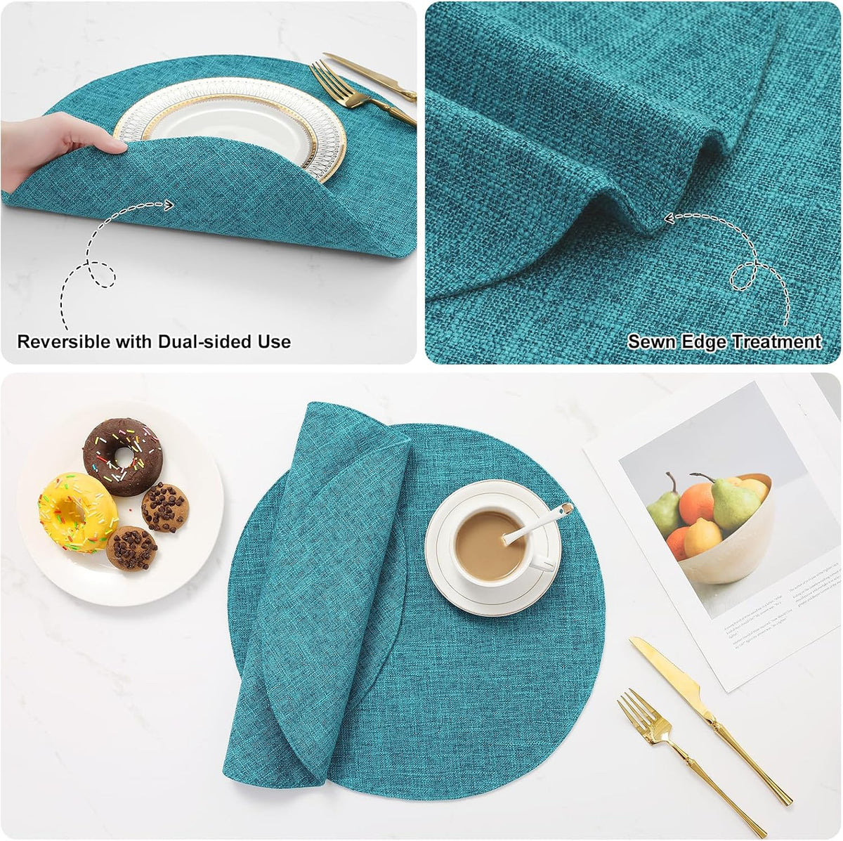 Cotton Linen 15 Inch Round Cloth Place mats, Set of 6, Teal | Washable Table Mats, Heat Resistant, Reversible, Wipeable