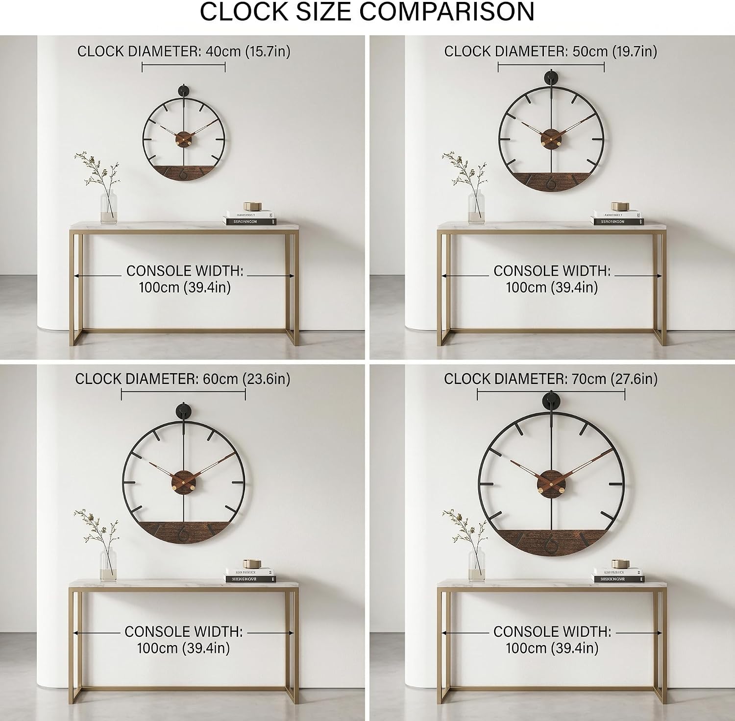 Modern Wood Walnut Dial Wall Clock, Large Simple Wall Decor Metal Frame Silent Non Ticking Clock for Living Room