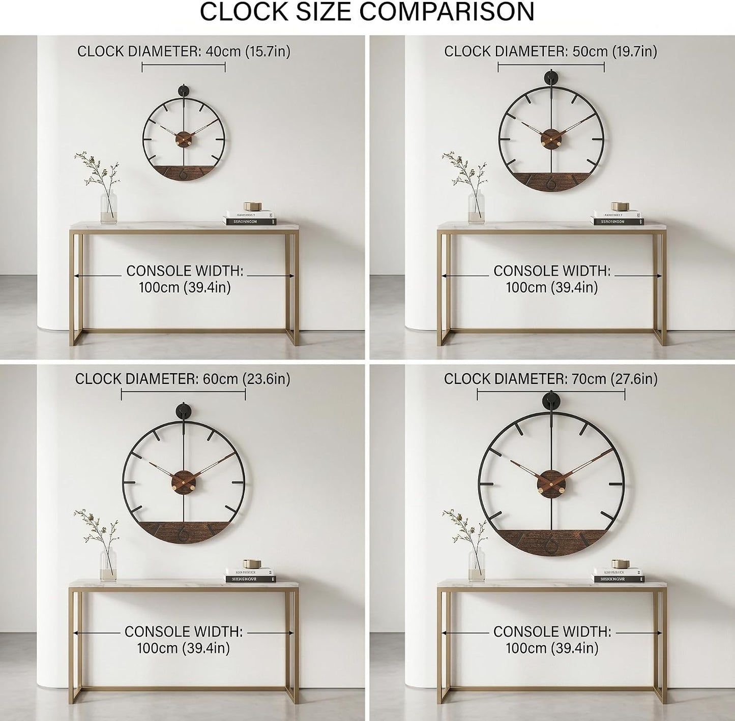 Modern Wood Walnut Dial Wall Clock, Large Simple Wall Decor Metal Frame Silent Non Ticking Clock for Living Room Decor