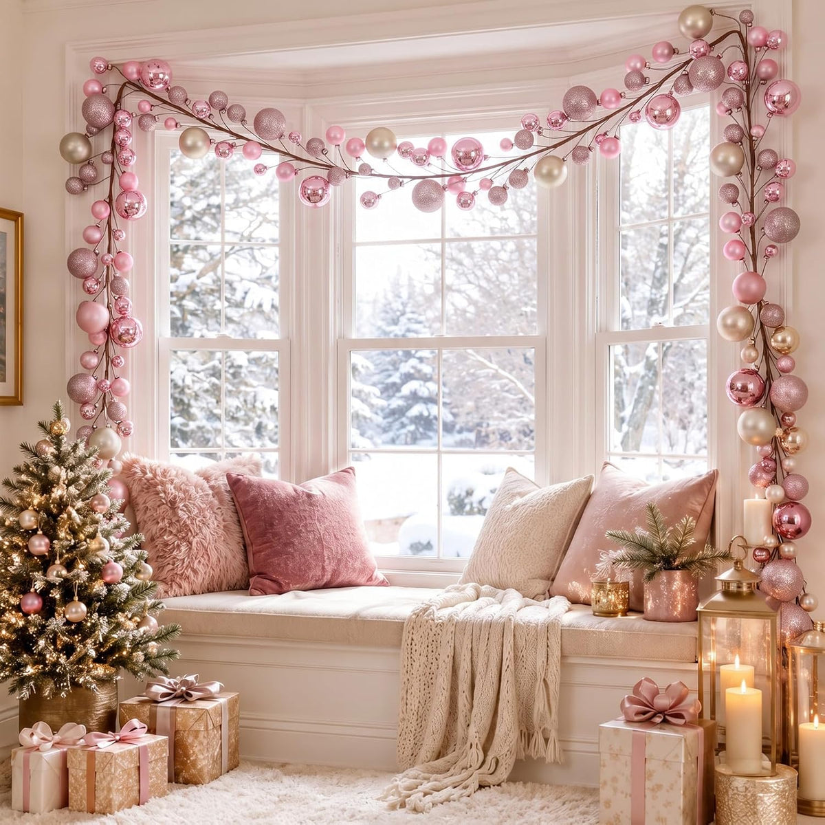2 Pcs 6 ft Christmas Ball Ornament Garland, Pink, Champagne Gold | Bauble Bulb Christmas Tree Ball Decoration