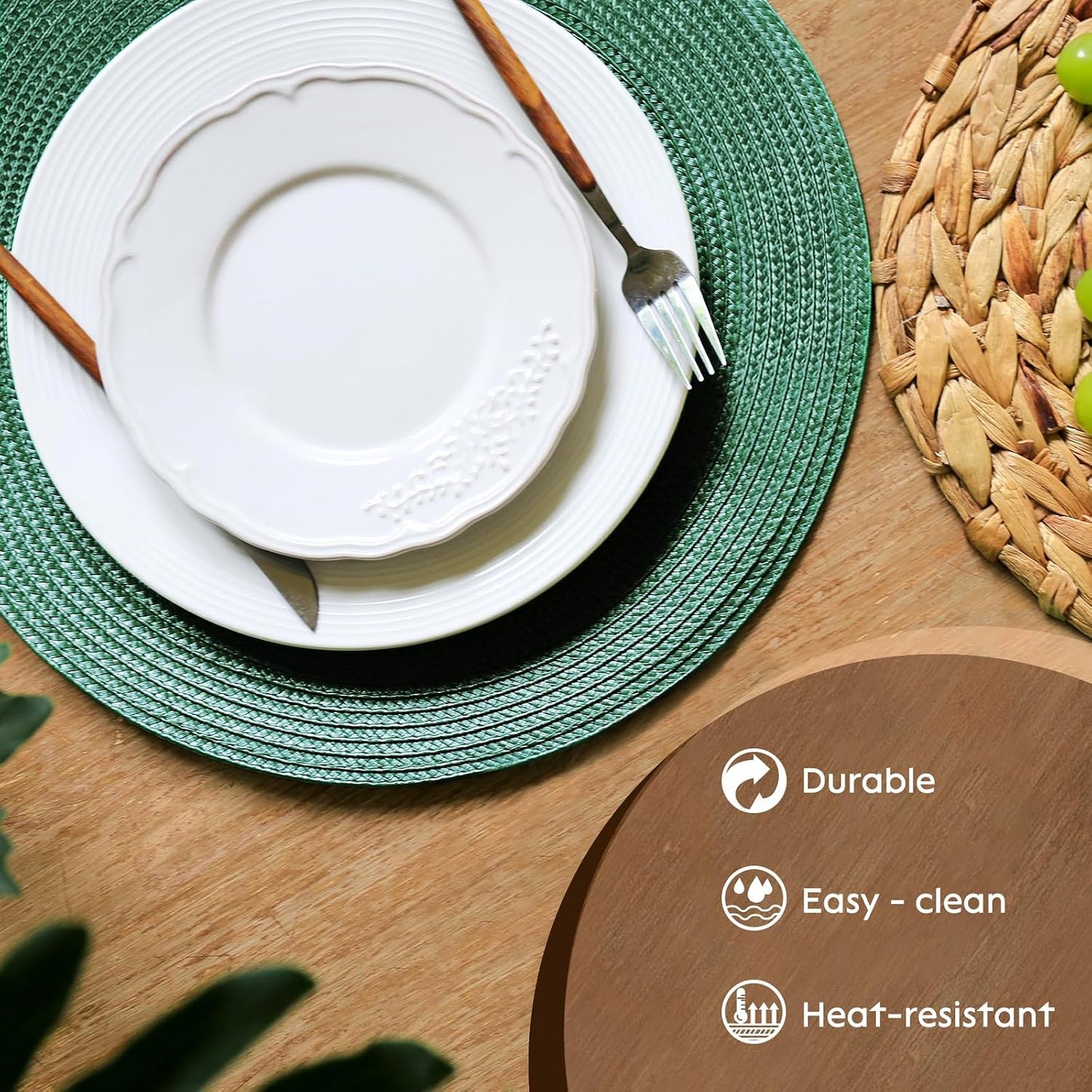 FunWheat Round Braided Placemats Set of 8 Table Mats for Dining Tables Woven Washable Non-Slip Place mats 15 inch(Black