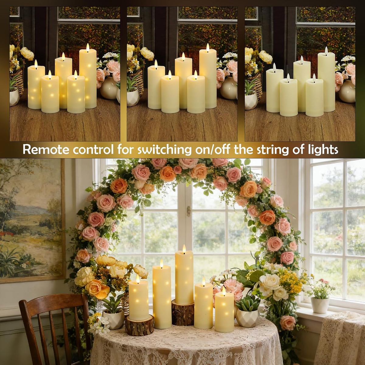 kakoya Outdoor Waterproof Flickering Flameless Candles with Timer,5Pcs Battery Operated LED Pillar Candles with
