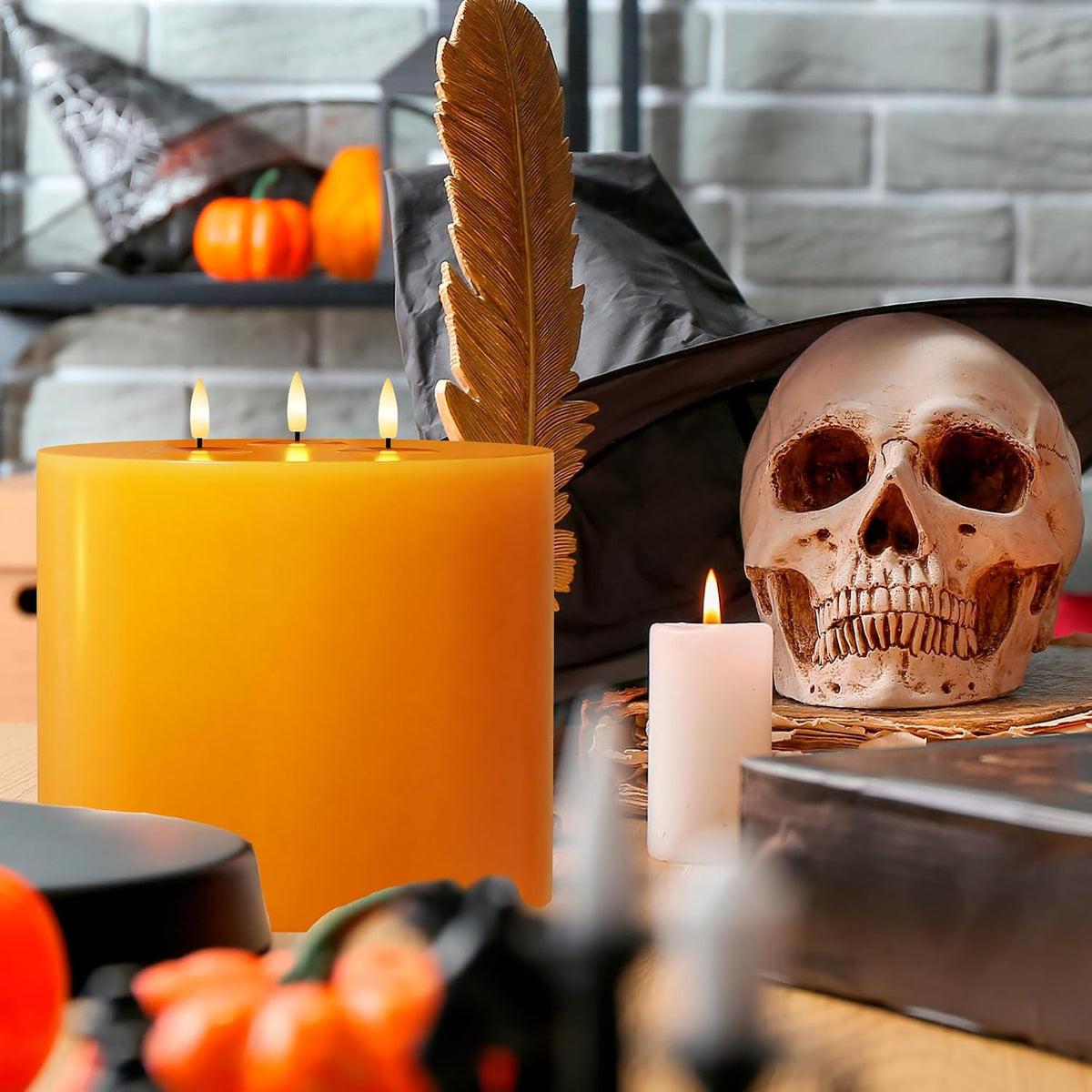 Orange Extra Large Flameless Candles, 6"x6" Battery Operated Candles with Remote, Real Wax Flickering LED Candles with