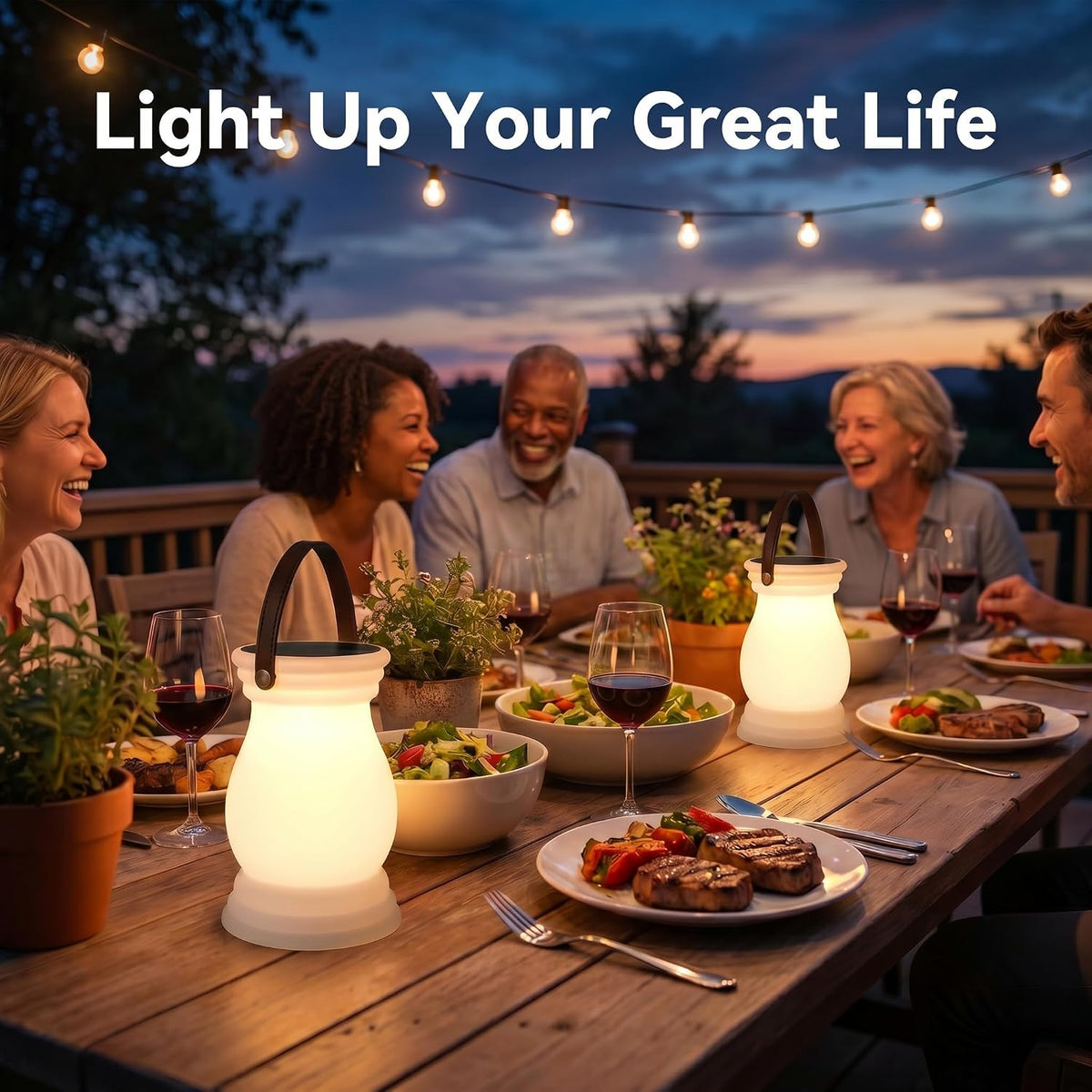 Outdoor Solar Table Lamp, Shower Mood Lamp, 2700K & Flame (2Pack) | Original Lantern Design, Cordless Portable