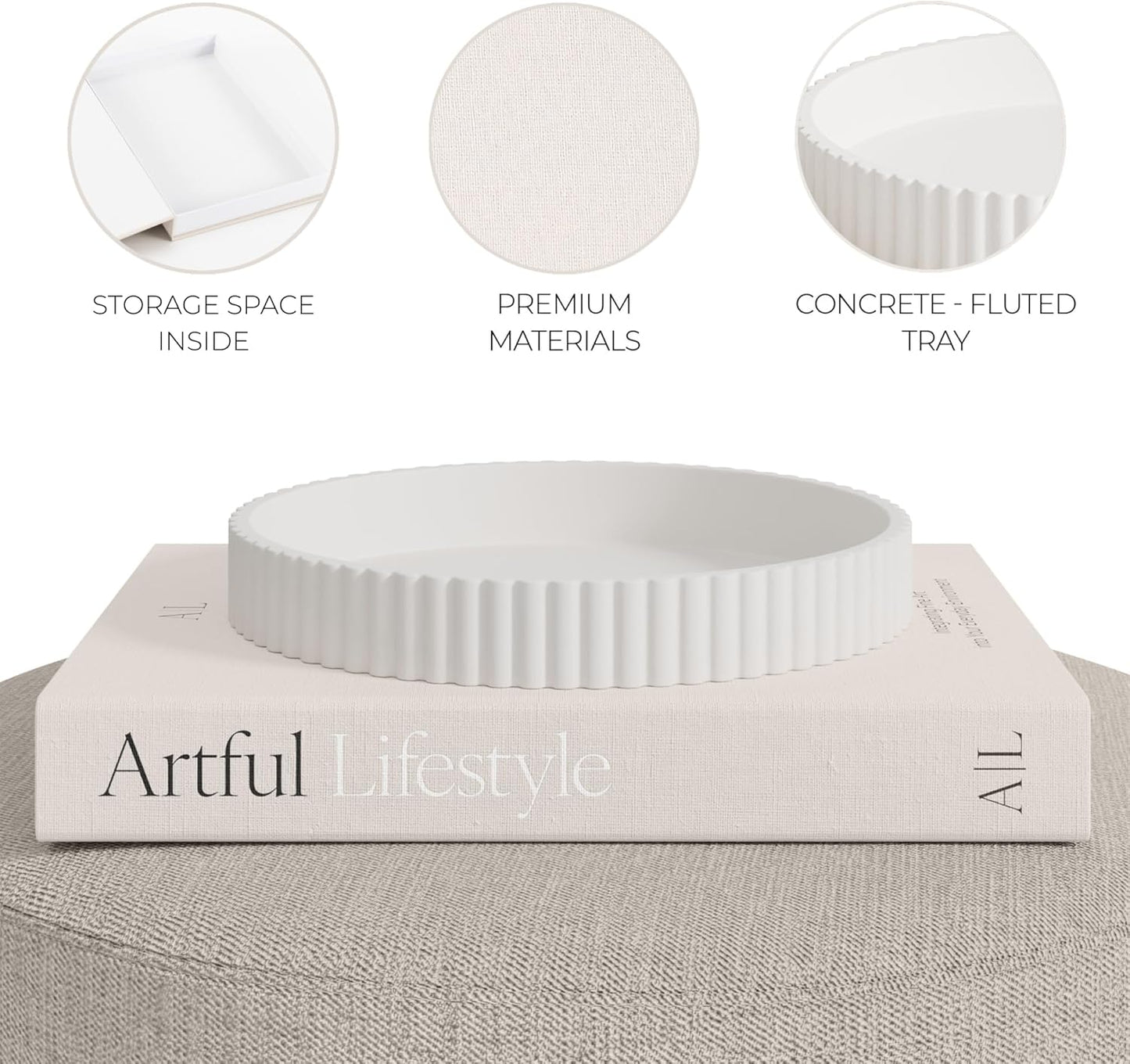 Scalloped Tray & Linen Box Coffee Table or Bookshelf Decor / Beige