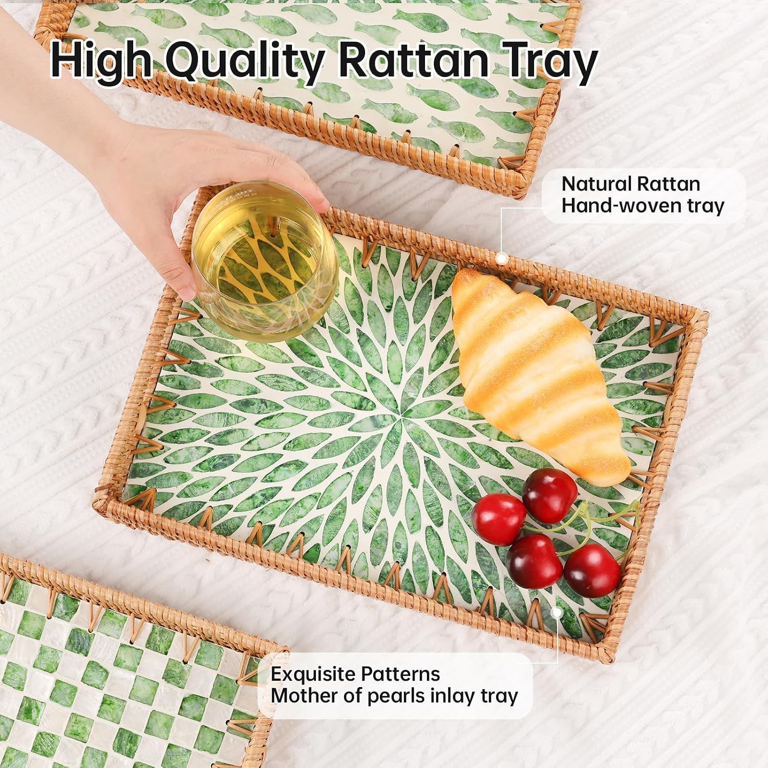 Rattan Serving Tray / Green Leaf