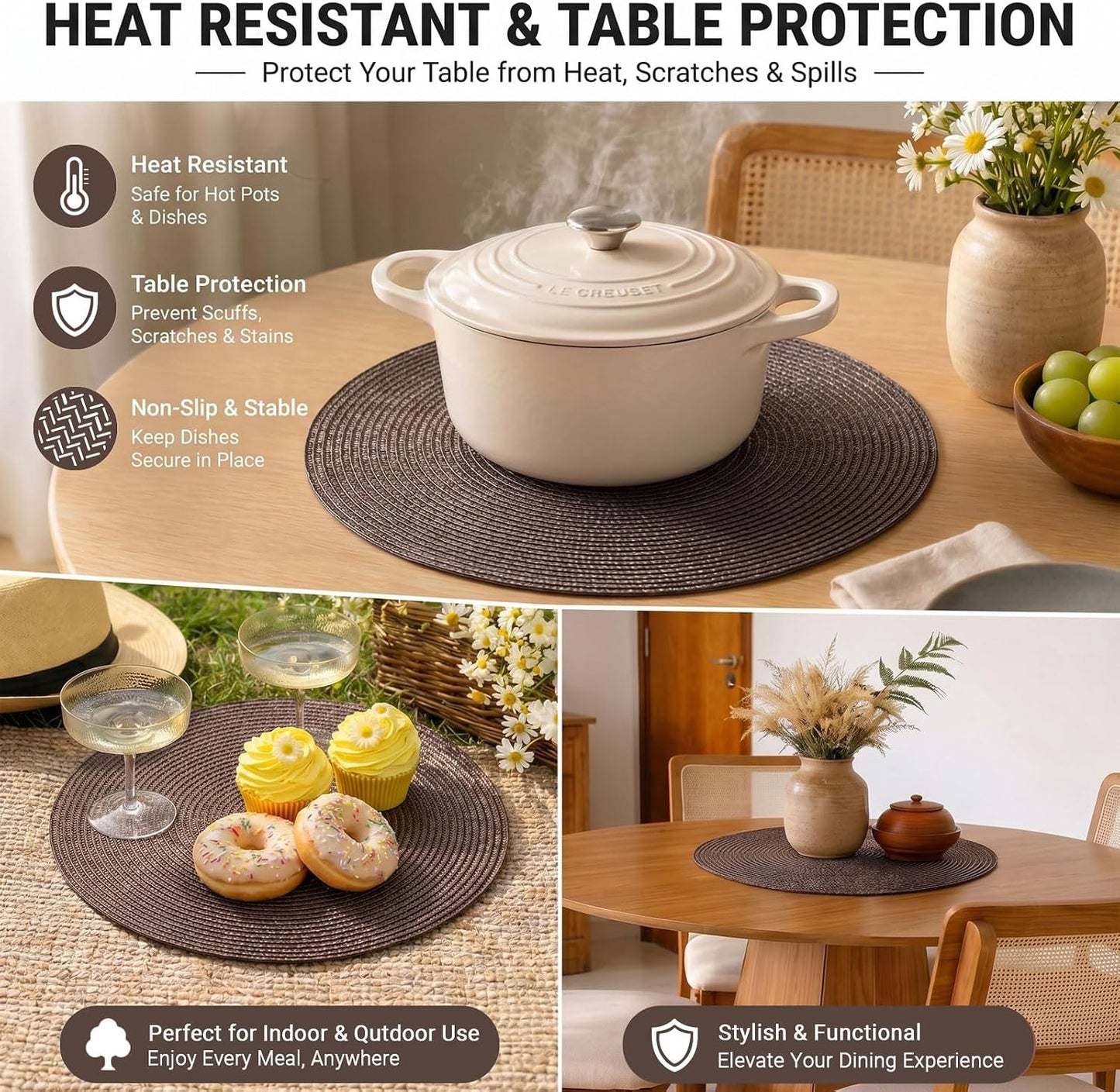 FunWheat Round Braided Placemats Set of 8 Place Mats for Dining Table Woven Washable Non-Slip Table Mats 15