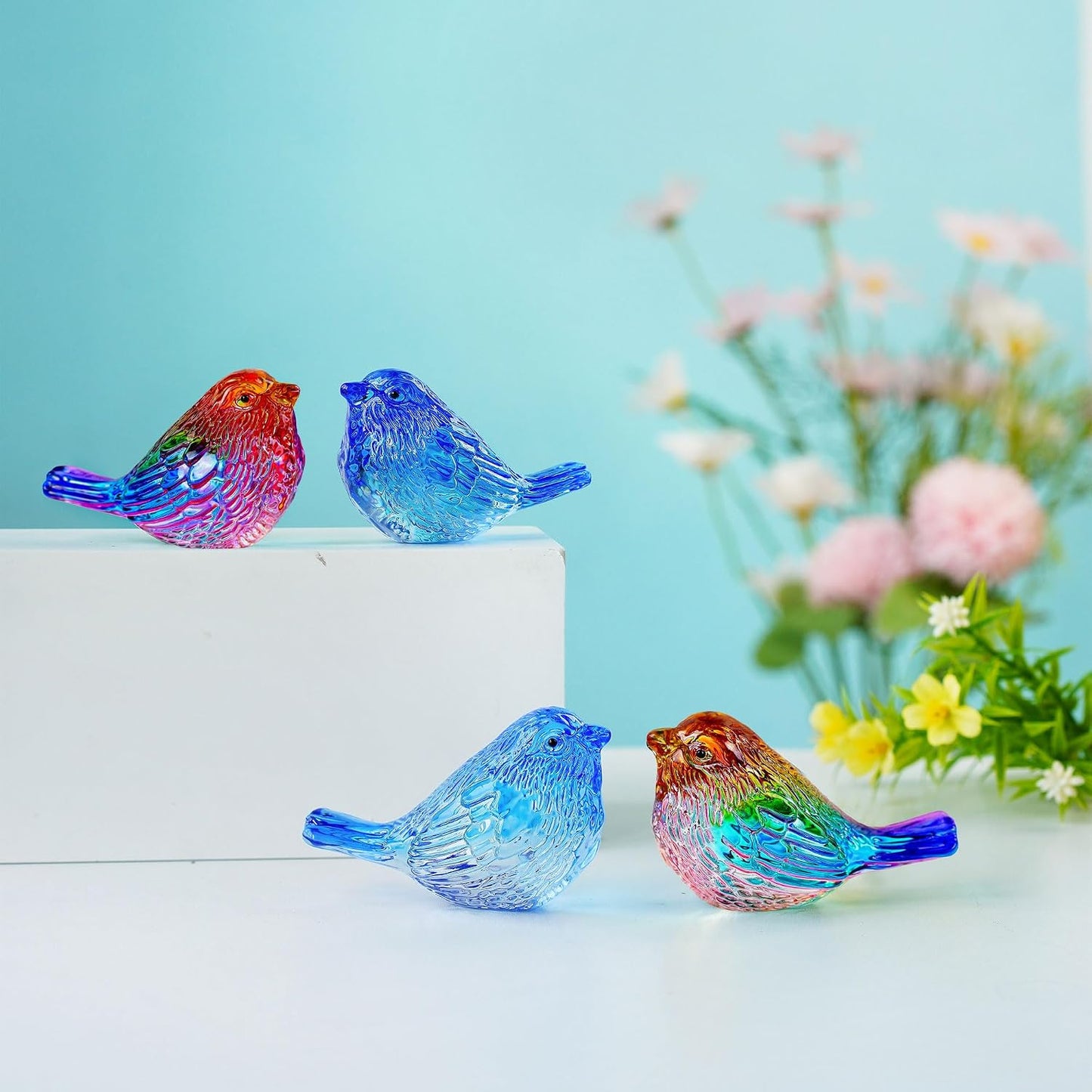 Handmade Blown Glass Birds Collectible Figurines Gifts for Women Men Lovers / Bird / Red / Set of 4
