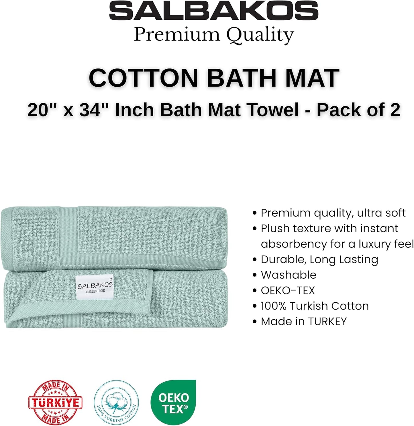 SALBAKOS 2-Piece 100% TurkishCotton BathMat Towel, 20x34 inch SeafoamGreen | Bathroom Floor Towels, Thick Soft Most