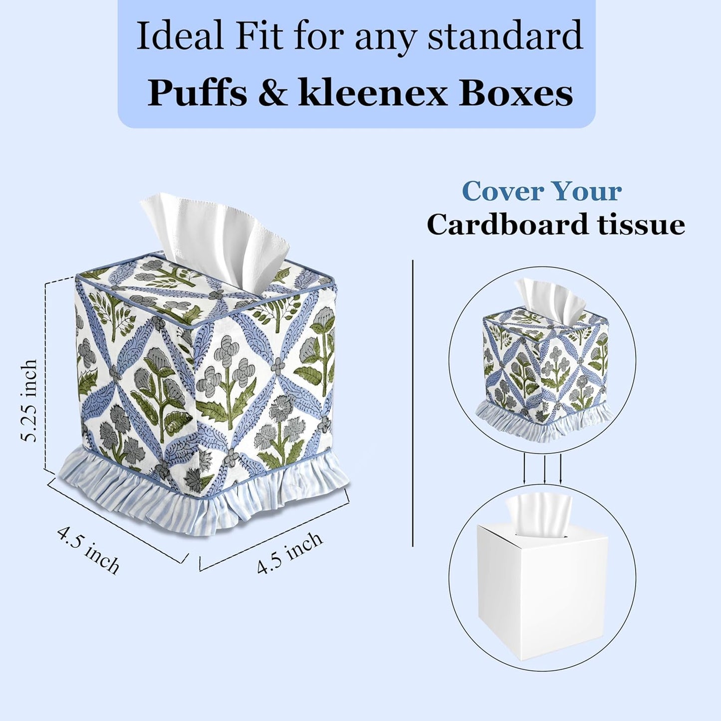 Block Print Ruffle Tissue Box Cover Handmade Cotton Decorative Square Napkin / Light Steel Blue