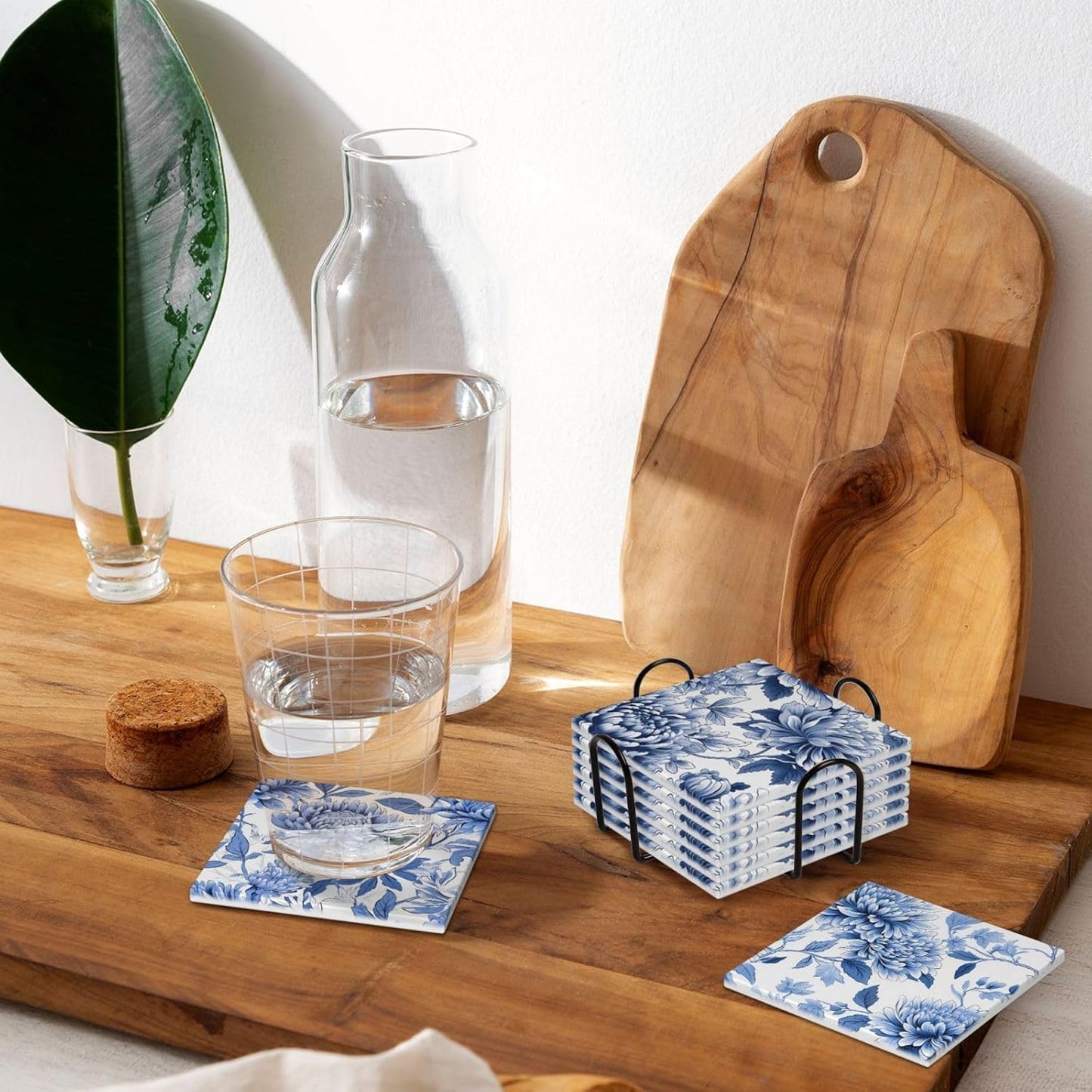 Golden Holder Cork Base / Blue Floral Square - 1 / Set of 6