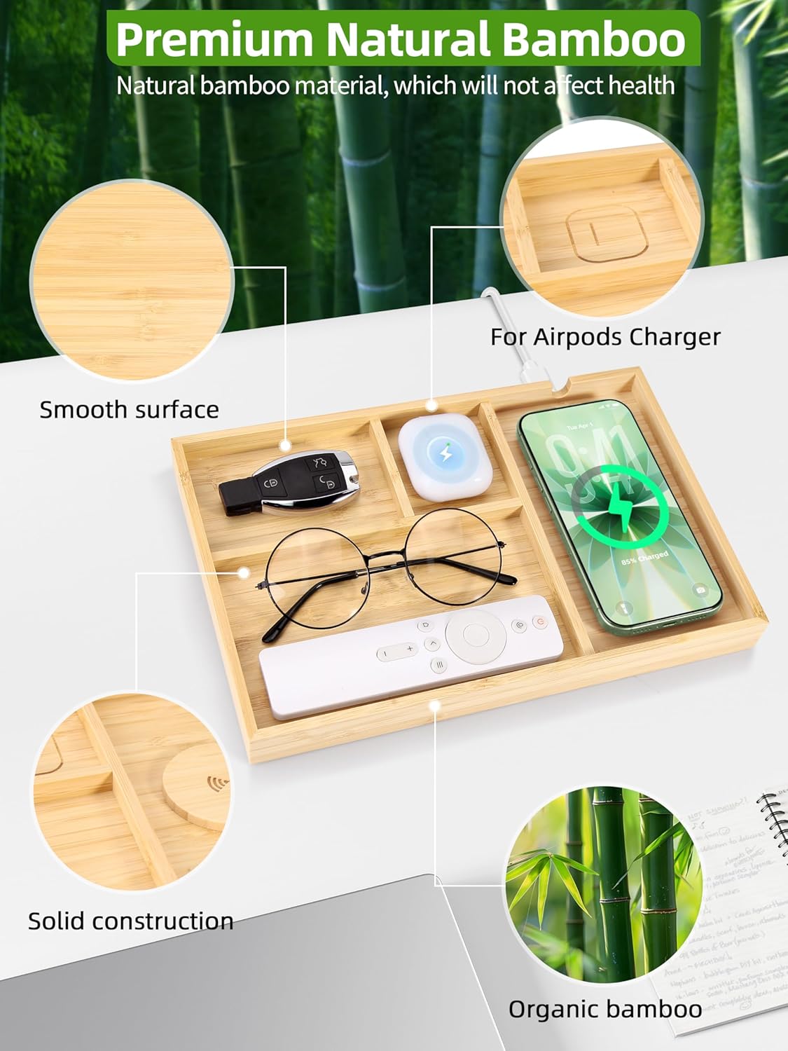 Bamboo Valet Tray with Dual Wireless Charger - EDC Nightstand Organizer for Men - Desk Tray & Catchall for Phone