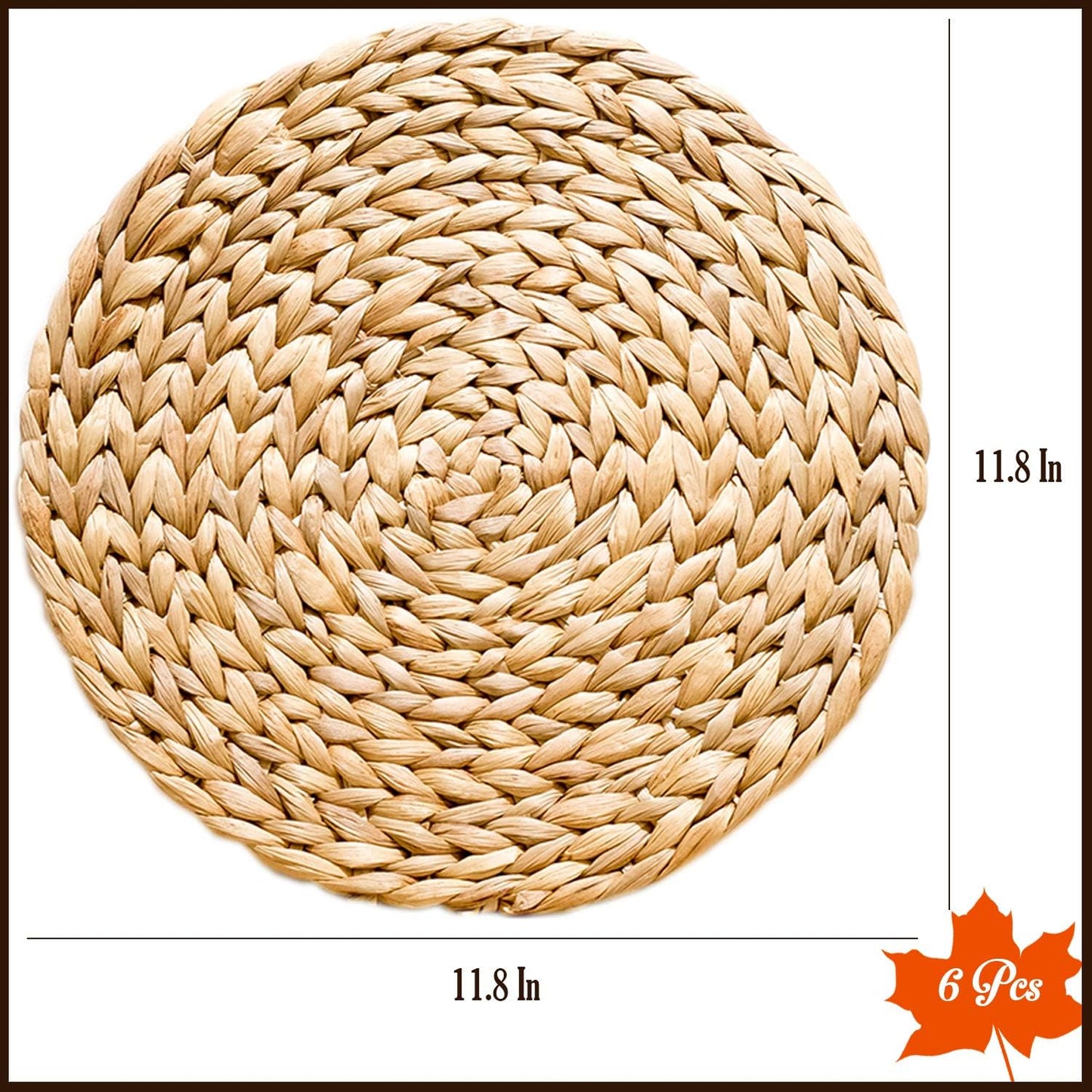 Round Woven Placemats Set of 6 Water Hyacinth Rattan Placemats 11.8 in, Small Charger Plates for Salad & Dessert