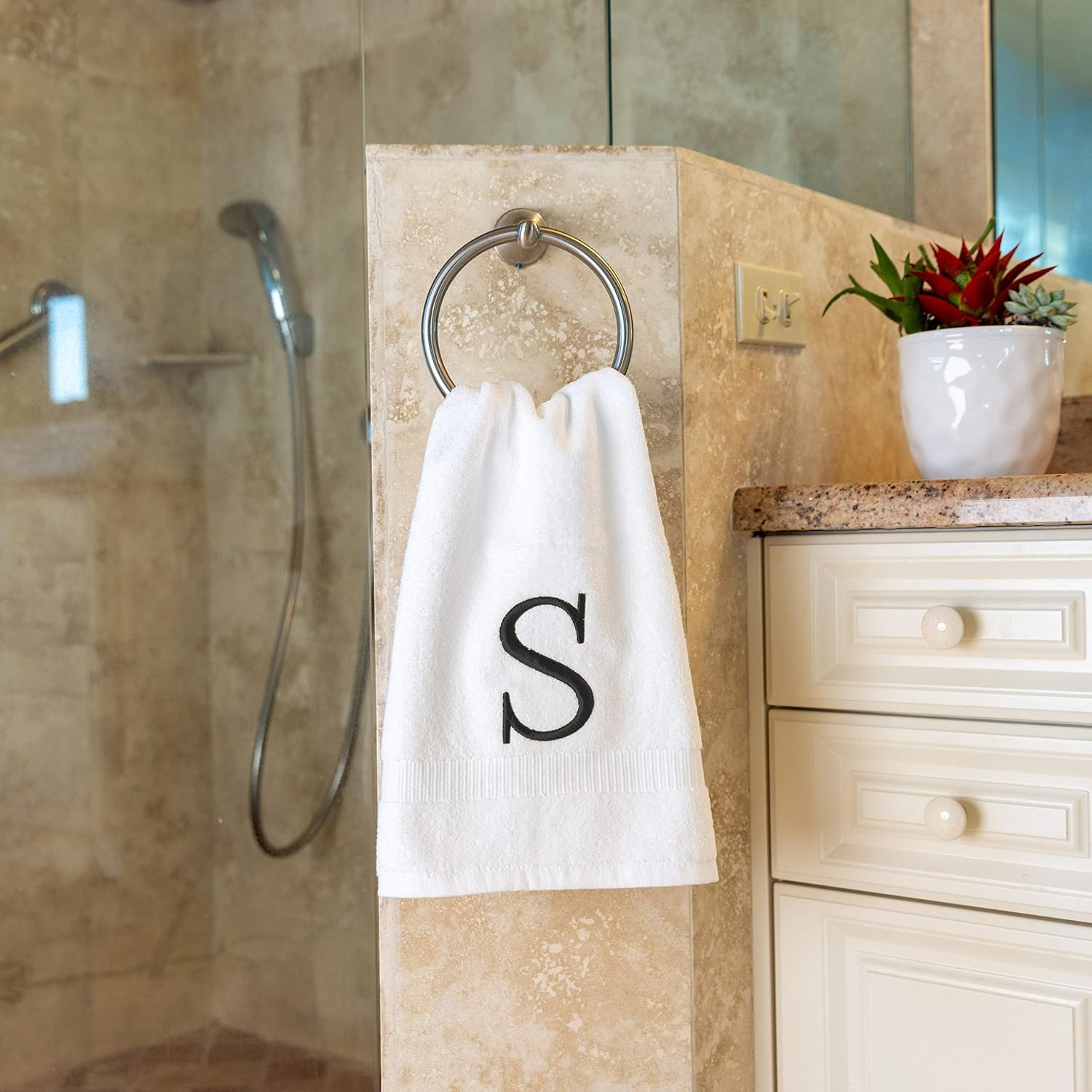 White with Dark Gray Monogrammed Hand Towels for Bathroom Set of 2 Letter S | Luxury Hotel Quality Initial Towels For