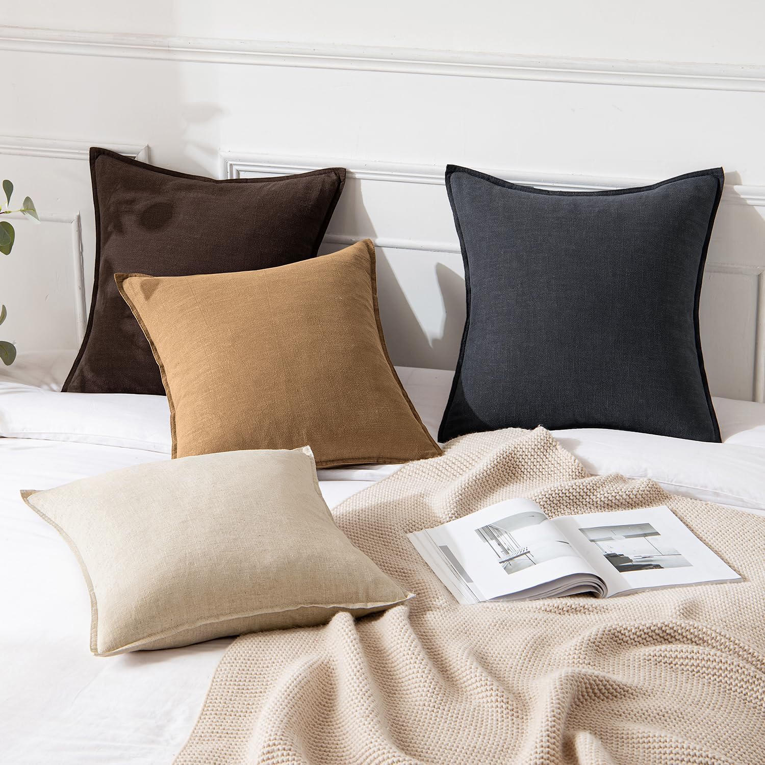 Decorative Linen Pillow Covers ​Boho Farmhouse​ ​Neutral Couch Throw / 18 x 18 / Brown / Set of 2