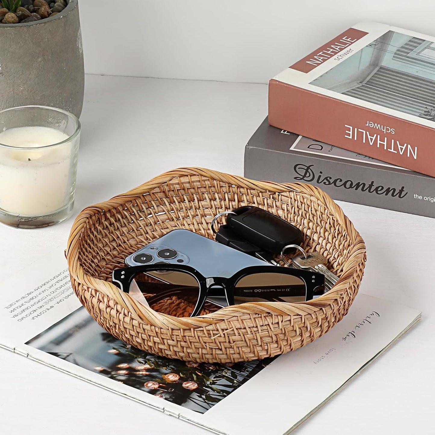 Natural Rattan Tray " Wicker Storage Bowls Hand Woven Basket Tray / 8.5 Inch / Natural Color