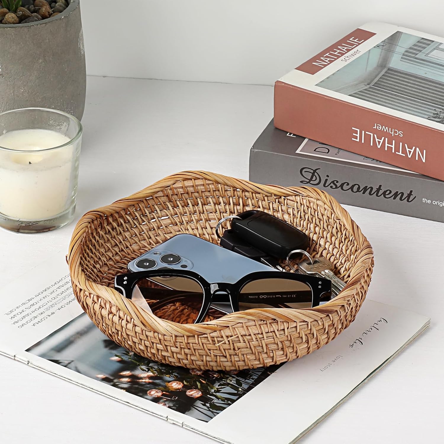 Natural Rattan Tray " Wicker Storage Bowls Hand Woven Basket Tray / 8.5 Inch / Natural Color