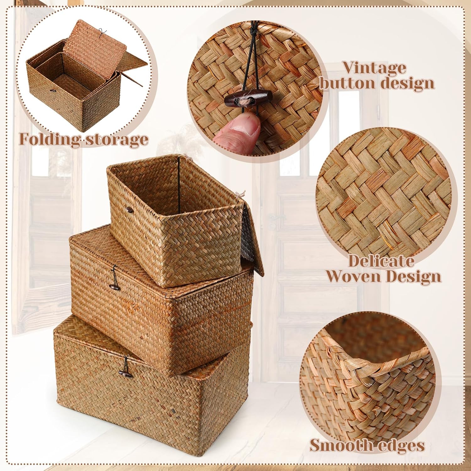 Seagrass Basket / Lids Bin Woven Organizer / Dark Brown / Classic Style / Set of 6