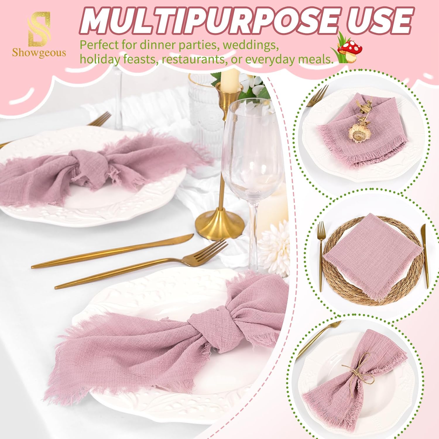Showgeous 30 Pack Dusty Rose Cloth Napkins with Fringe, 16x16 inch | 100% Cotton Napkins Handmade Dinner Napkins Bulk