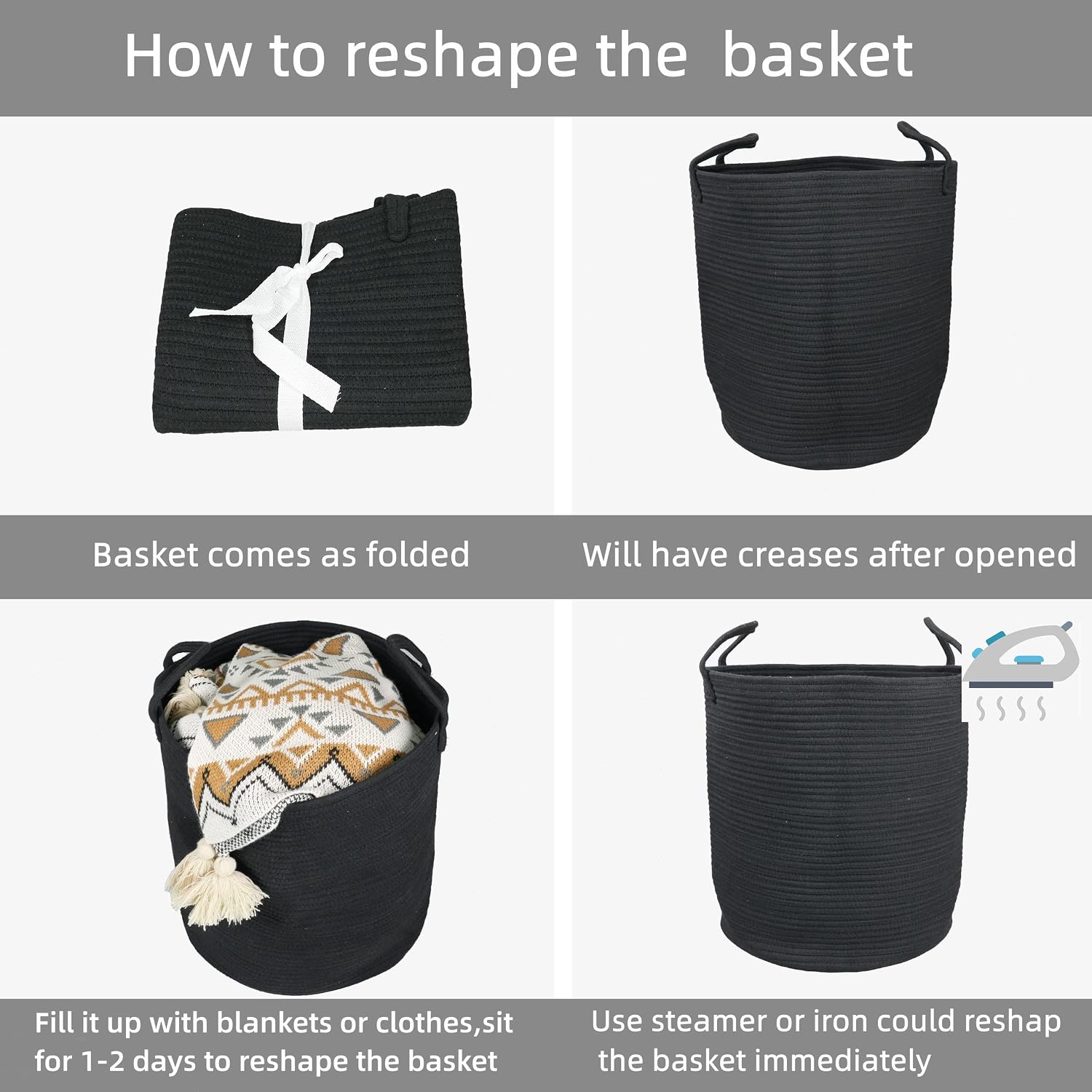 Cotton Rope Laundry Basket Hamper for Clothes Woven Storage Basket / Regular / Black