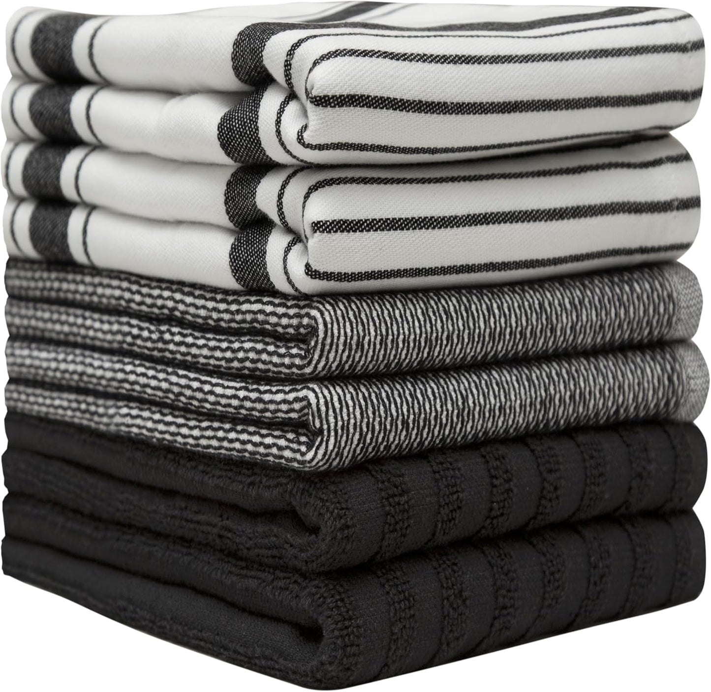 Premium Kitchen Towels 6 Pack 100% Cotton 20"x28" Dish Towels Black Striped | Large Flat & Terry Kitchen Linen Set with
