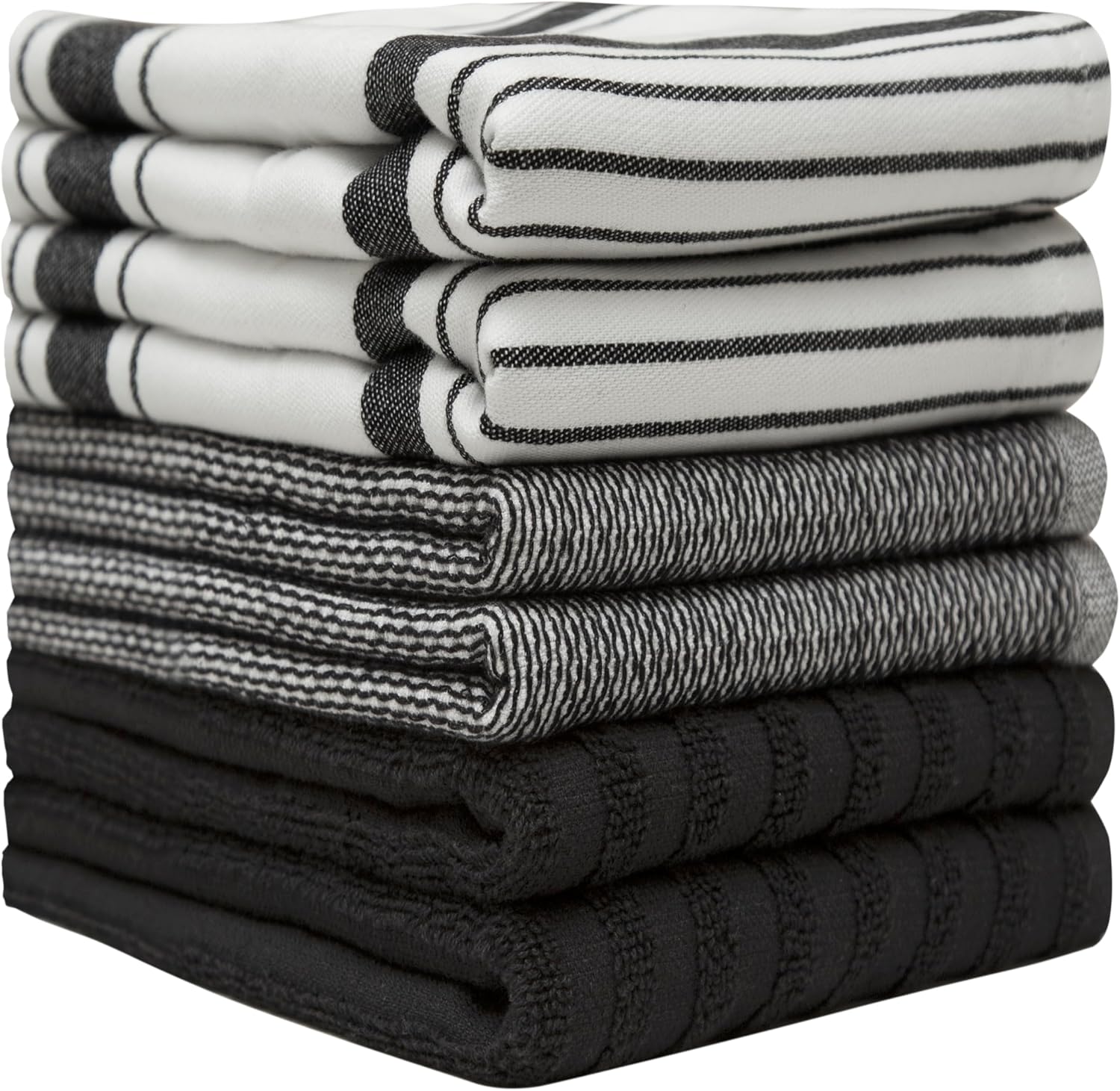 Premium Kitchen Towels 6 Pack 100% Cotton 20"x28" Dish Towels Black Striped | Large Flat & Terry Kitchen Linen Set with