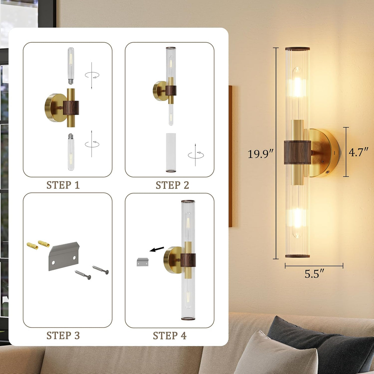 Morauroral Gold Walnut Battery Operated Wall Sconces Set of 2 | Rechargeable Wall Lights with Remote, 20 Inch Modern