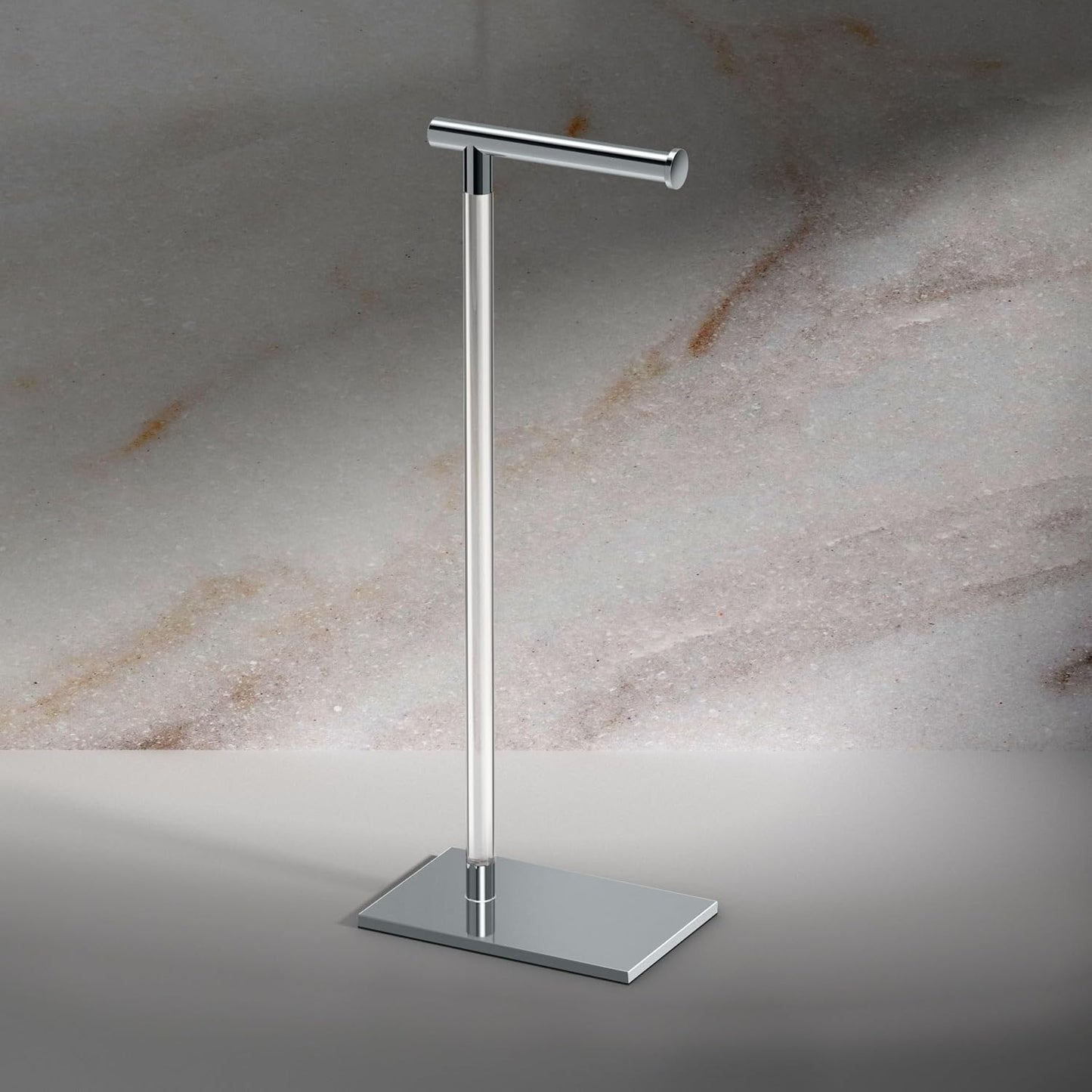 Gatco 1331C Modern Rectangle Base Freestanding Toilet Paper Holder, Chrome/Acrylic, Weighted Base Bathroom Tissue Stand
