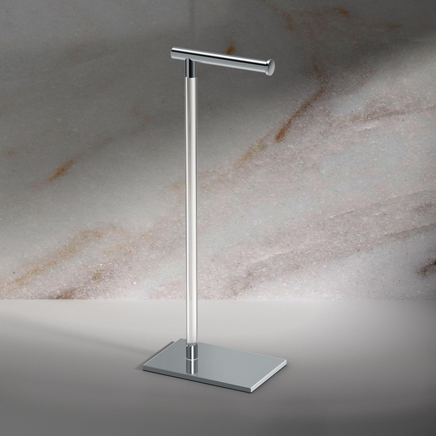 Gatco 1331C Modern Rectangle Base Freestanding Toilet Paper Holder, Chrome/Acrylic, Weighted Base Bathroom Tissue Stand