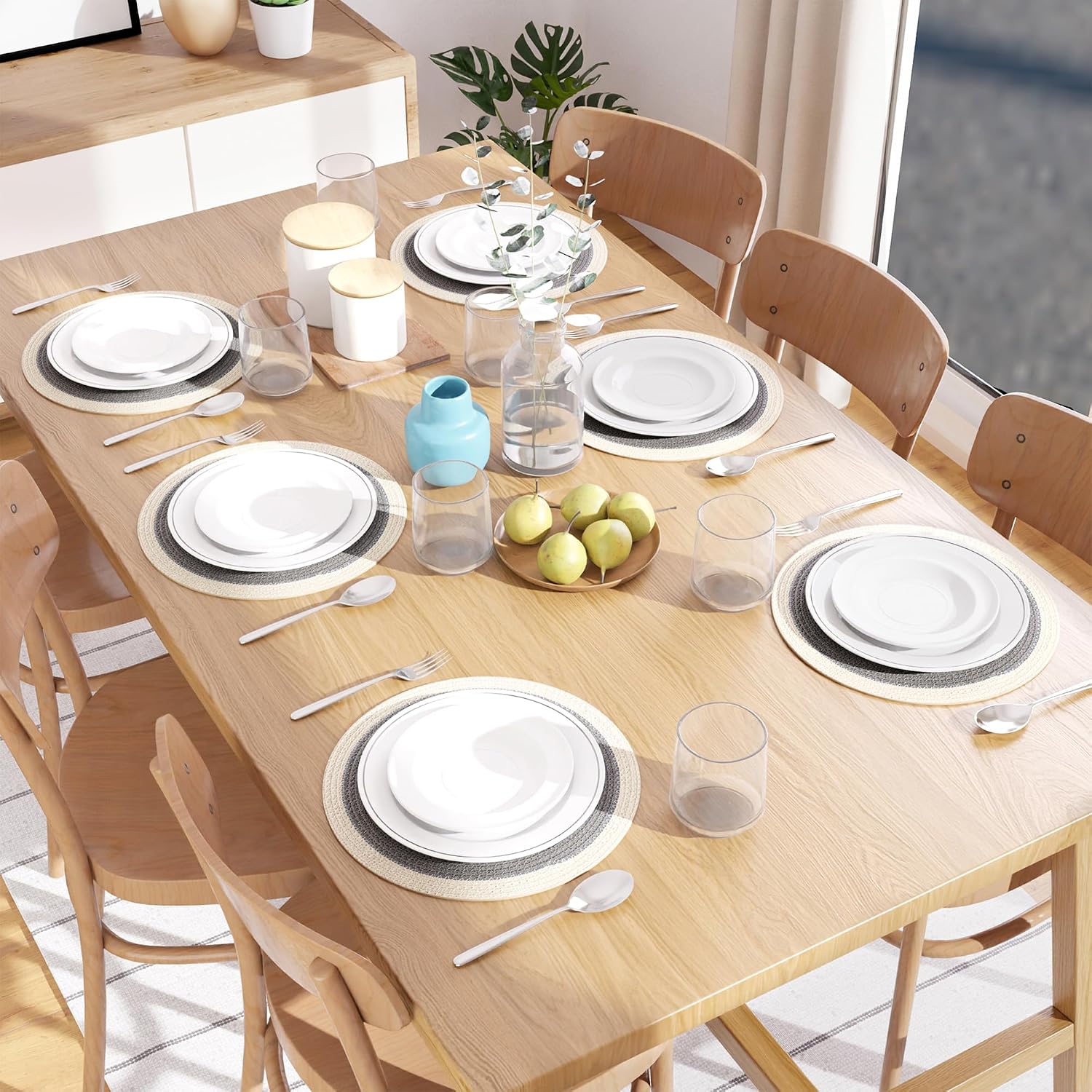 Encasa XO Dining Placemats, Cotton Round Table Mats 13" Light Grey & Off White