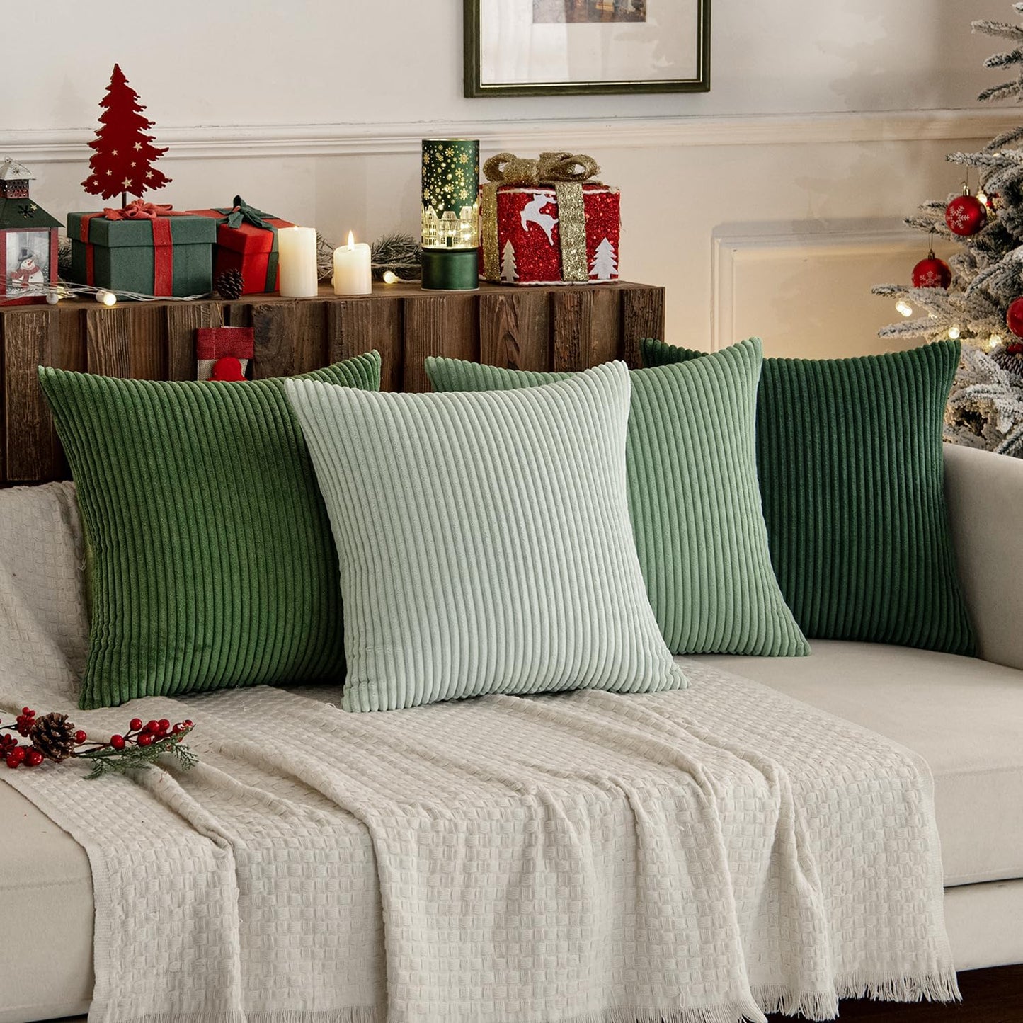 Boho Farmhouse Sage Green Throw Pillow Covers Mordern Nordic / 18 x 18 / Forest Green / Set of 4