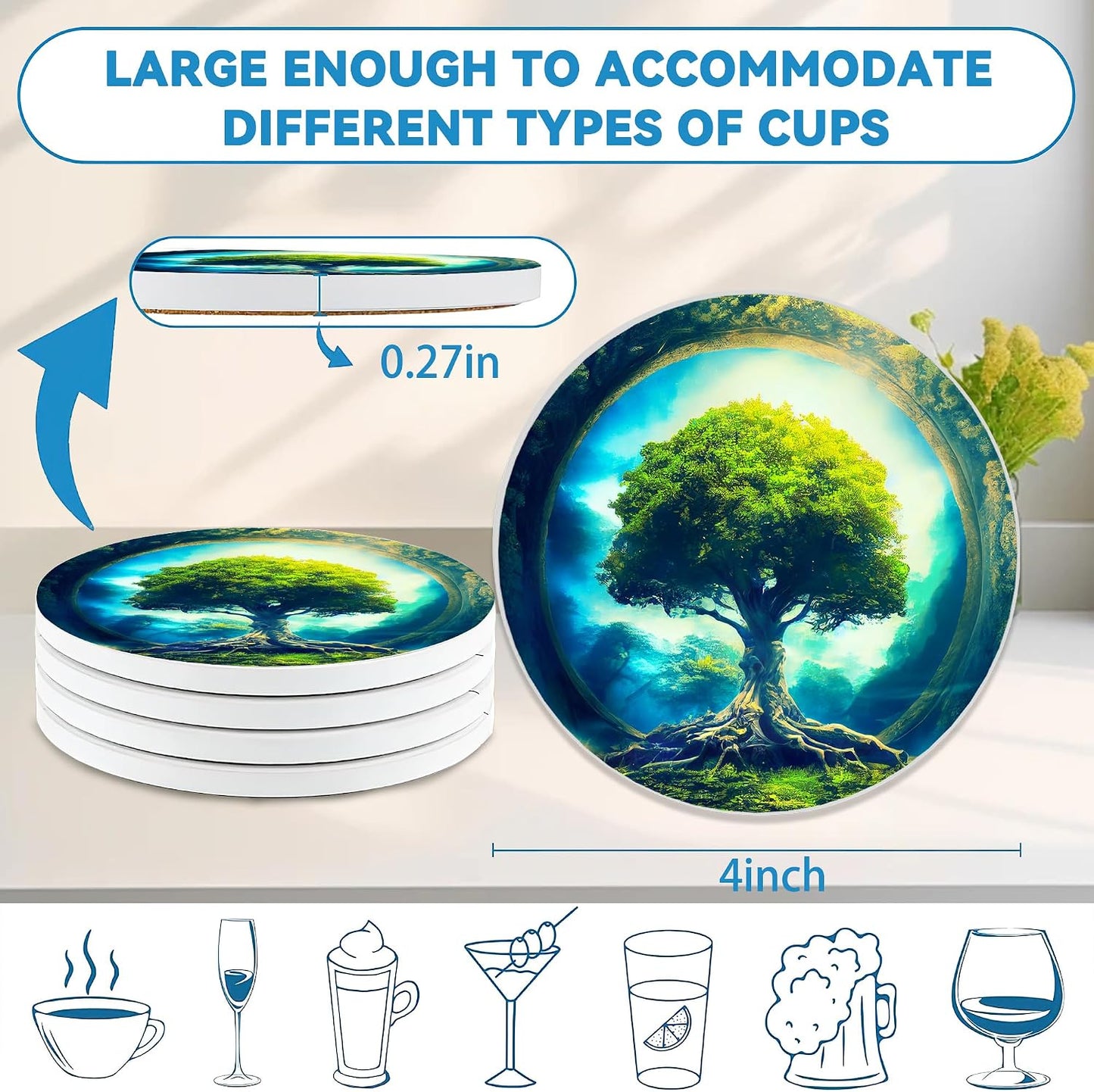 Magic Round 4" Ceramic & Cork Coasters / Tree / Green / Set of 4