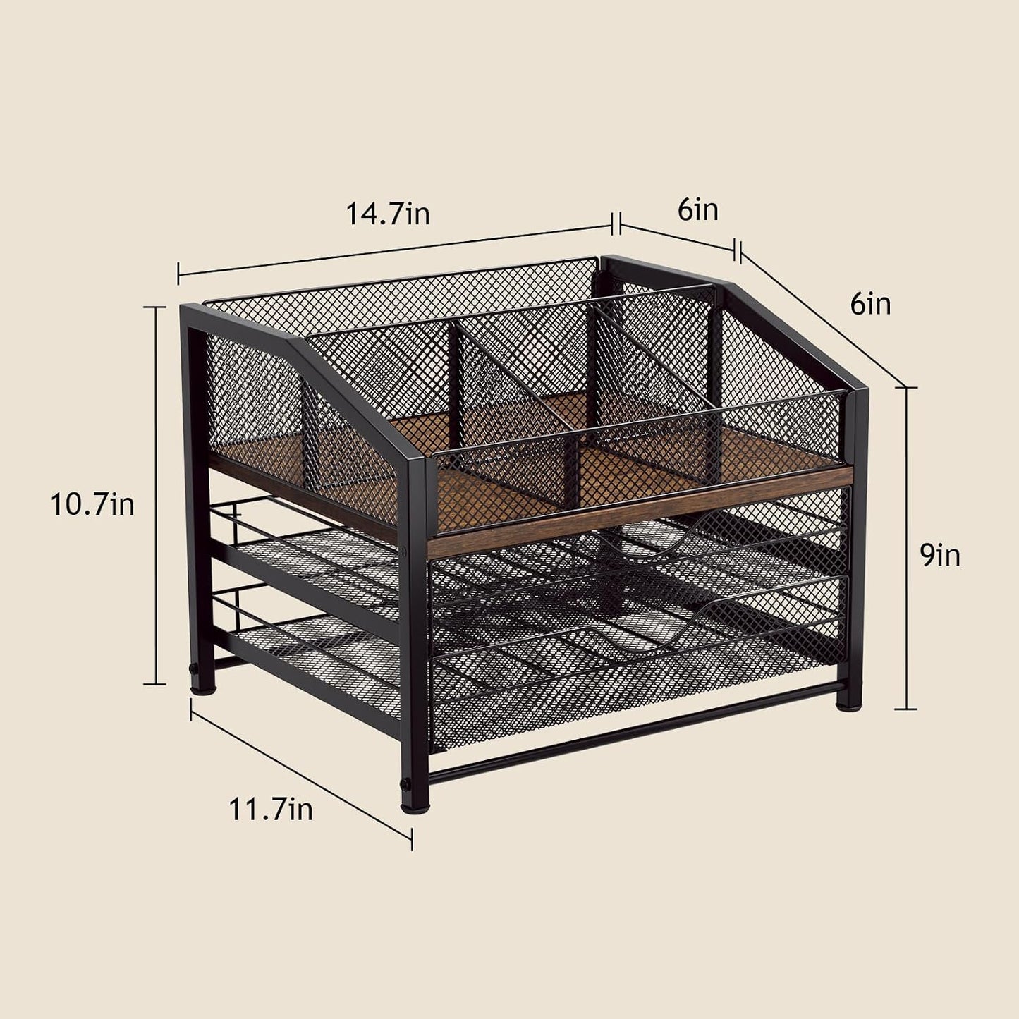 Coffee Bar Organizer - Coffee Station for Countertop, Metal and Wood K Cup holder Storage Basket for Coffee Pods