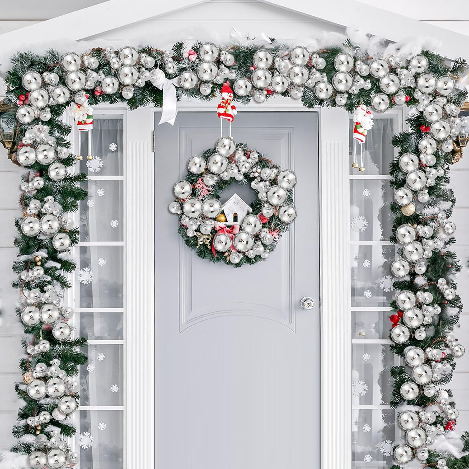 2 Pcs 6 ft Christmas Ball Ornament Garland, Silver | Bauble Bulb Christmas Tree Ball Decoration Shatterproof Ornaments