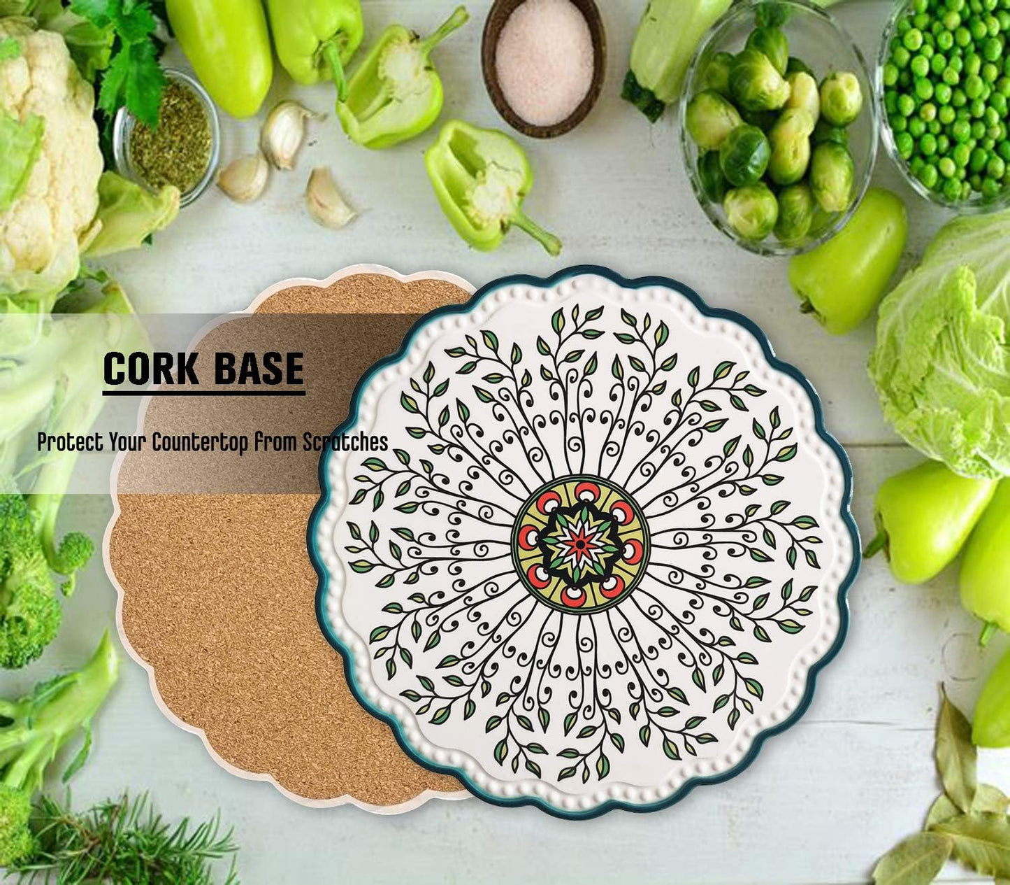 Ceramic Trivets for Hot Pots and Pans, Heat Resistant Mats, Trivets for Hot Dishes with Beautiful Flower Patterns and