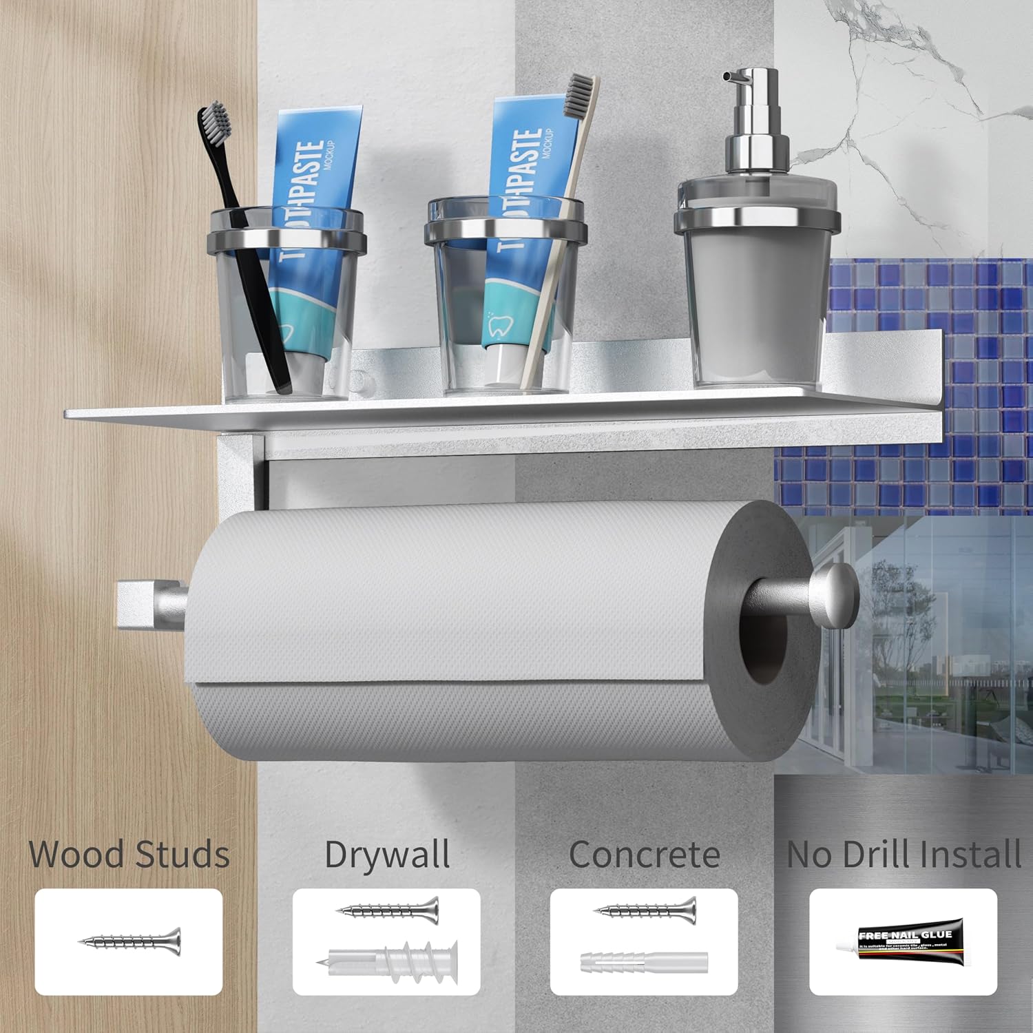 Wall Mount Paper Towel Holder with Shelf for Bathroom/Kitchen, Adhesive Hand Towel Holder, Matte Silver