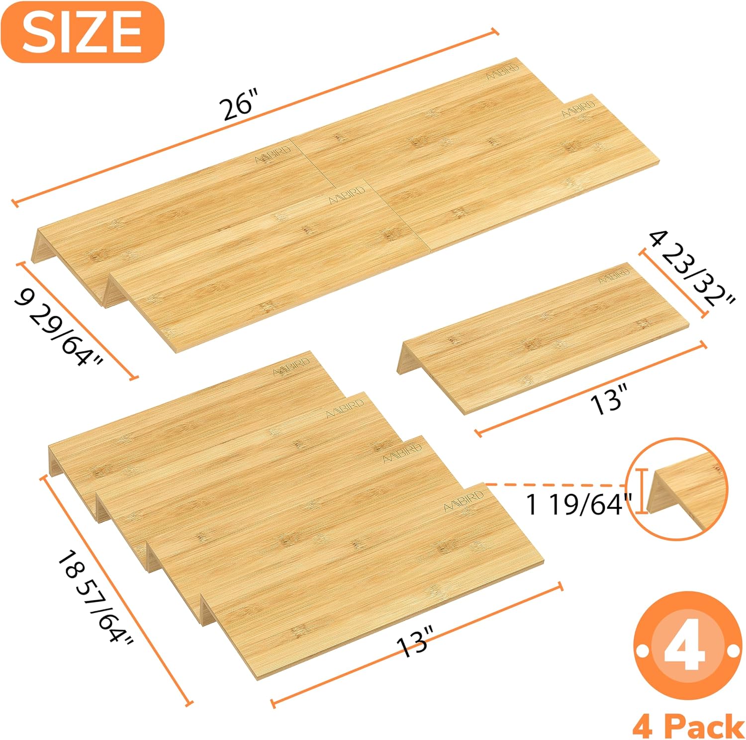AMBIRD Bamboo Spice Drawer Organizer with Non-slip Mat, 4 Tier Jar Spice Rack Tray 13'',Seasoning Organizer for