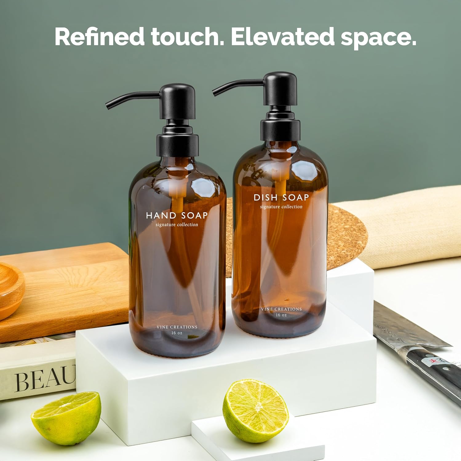Vine Creations Amber Glass Soap Dispenser Set, Dish Soap and Hand Soap Dispenser Set with Stainless Steel Pump, 16 oz
