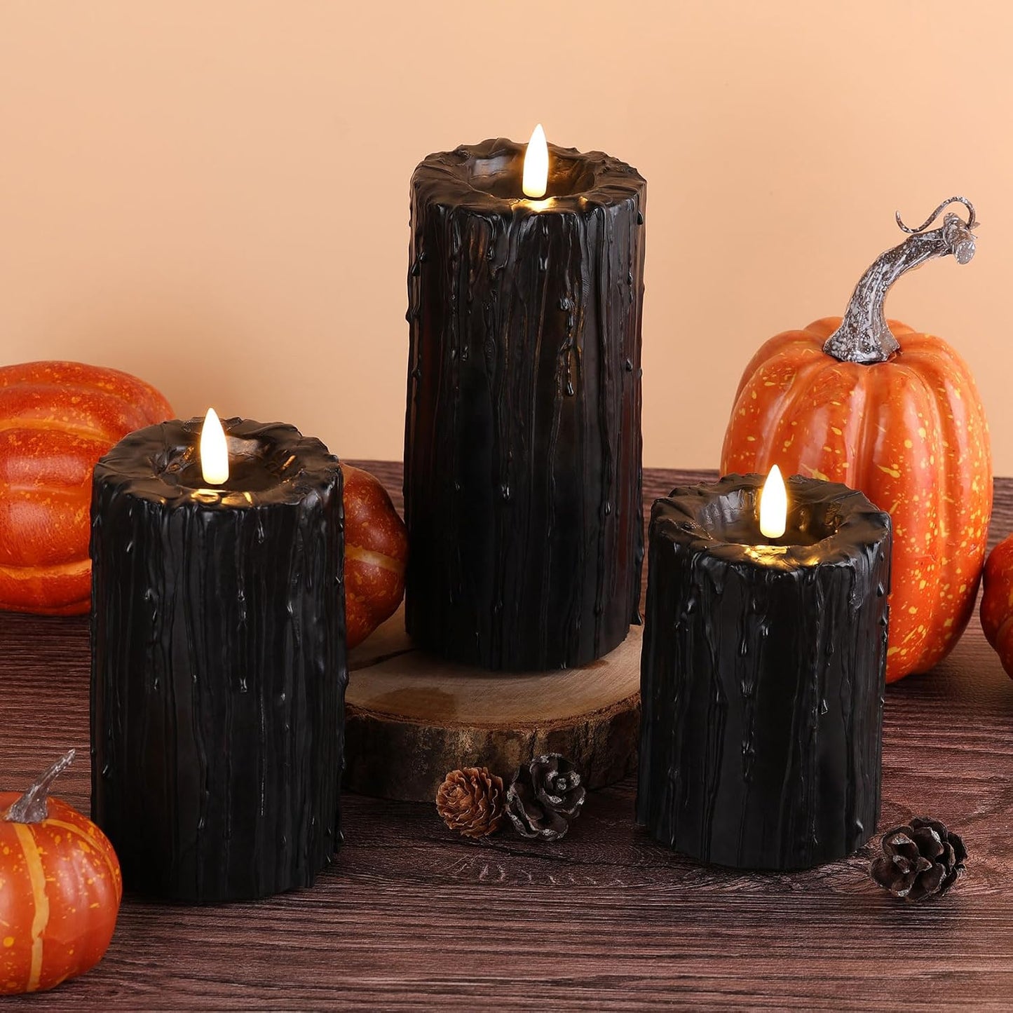 Black Dripping Wax Halloween Flameless Pillar Candles with Remote | Flickering Realistic LED Candles Set of 3, 2 AA