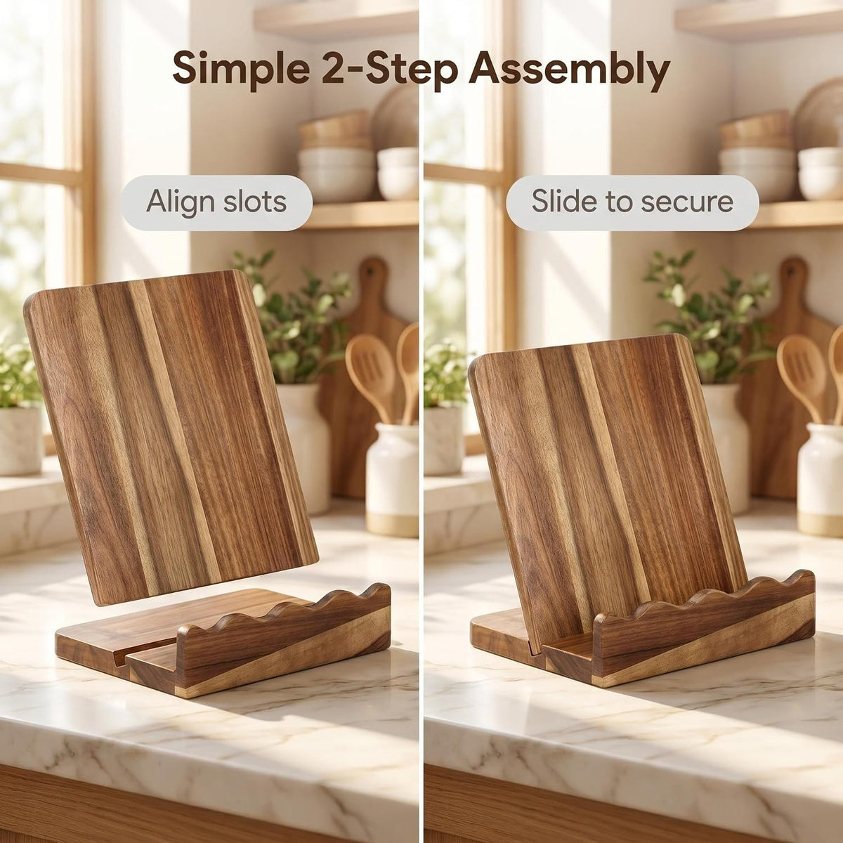 Scalloped Acacia Wood Cookbook Stand, Recipe Book Holder Keeps Pages Open | 2-in-1 Book Holder & Serving Tray，with