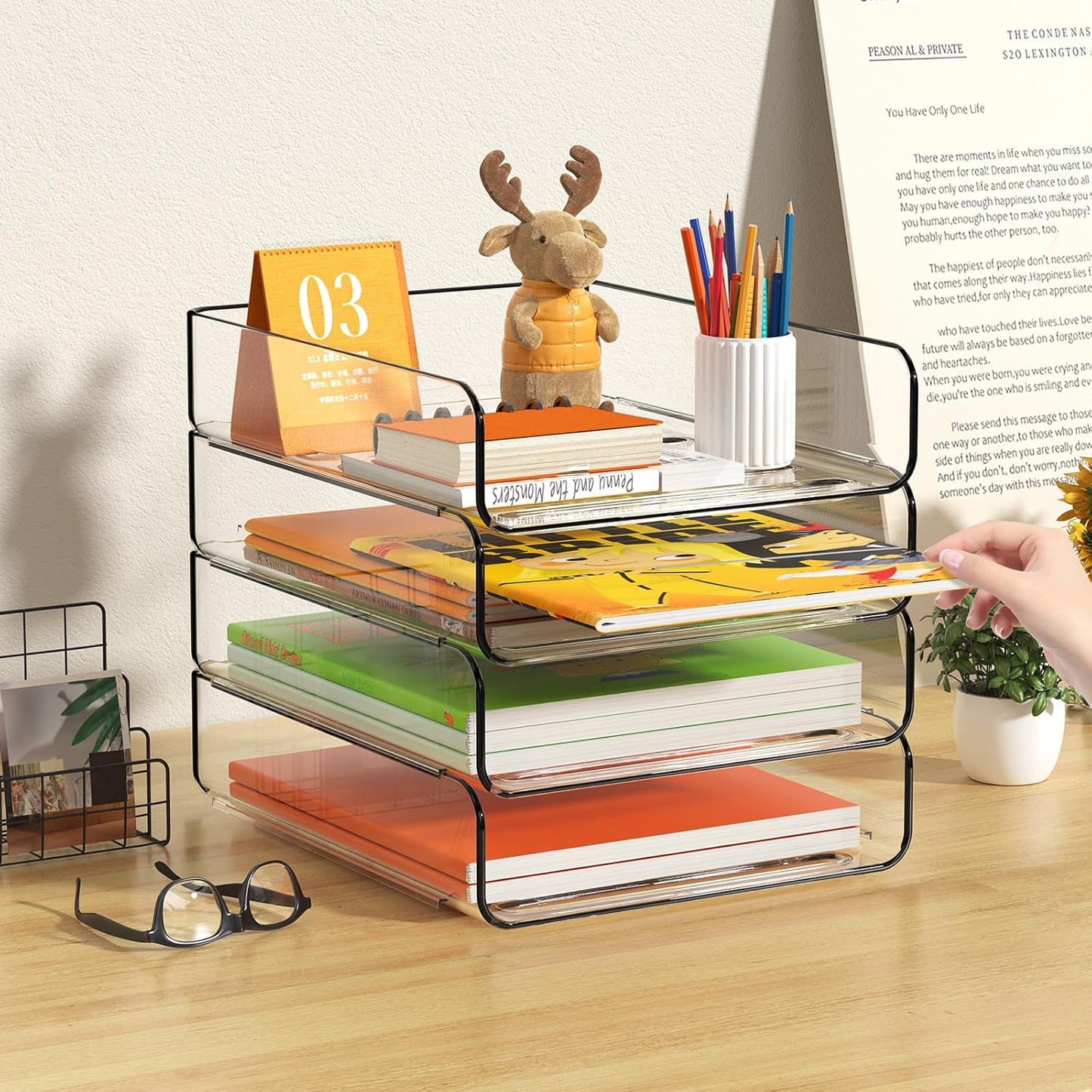 4-Tier Acrylic Paper Tray Organizer / 4-tier-vertical / 12.6 x 9.6 x 11 / Clear