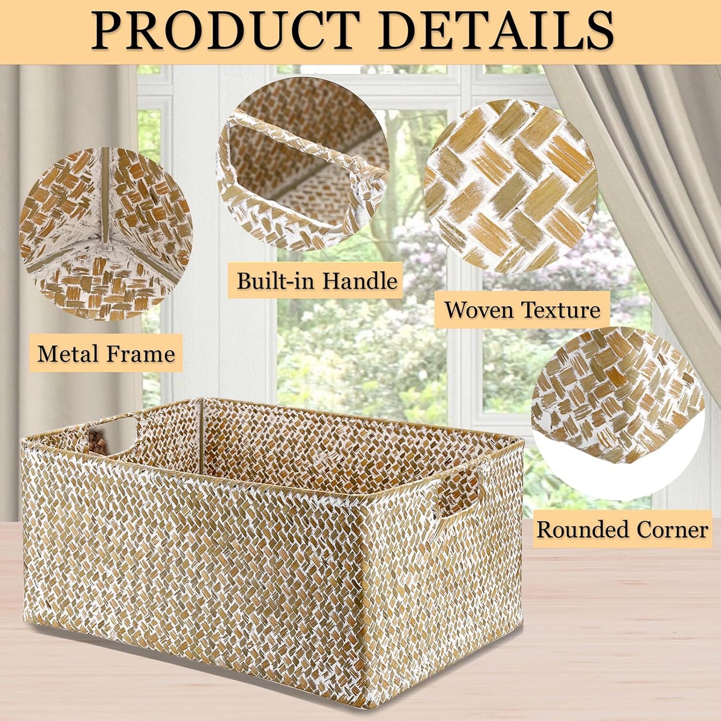 Seagrass Storage Basket Bin Rectangular Handwoven Wicker / 16.1 x 11.8 x 7.7 / Large / Whitewash