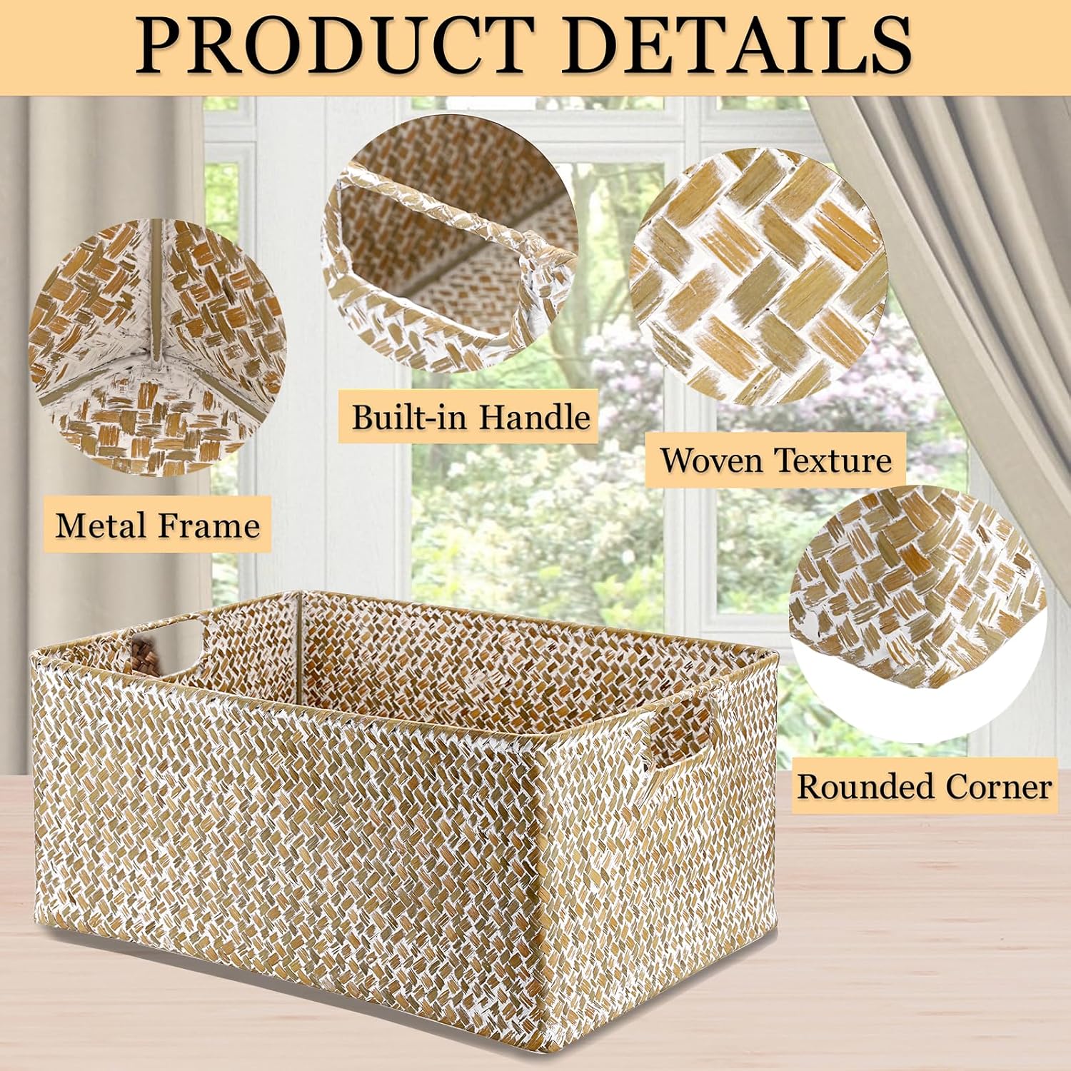 Seagrass Storage Basket Bin Rectangular Handwoven Wicker / 16.1 x 11.8 x 7.7 / Large / Whitewash